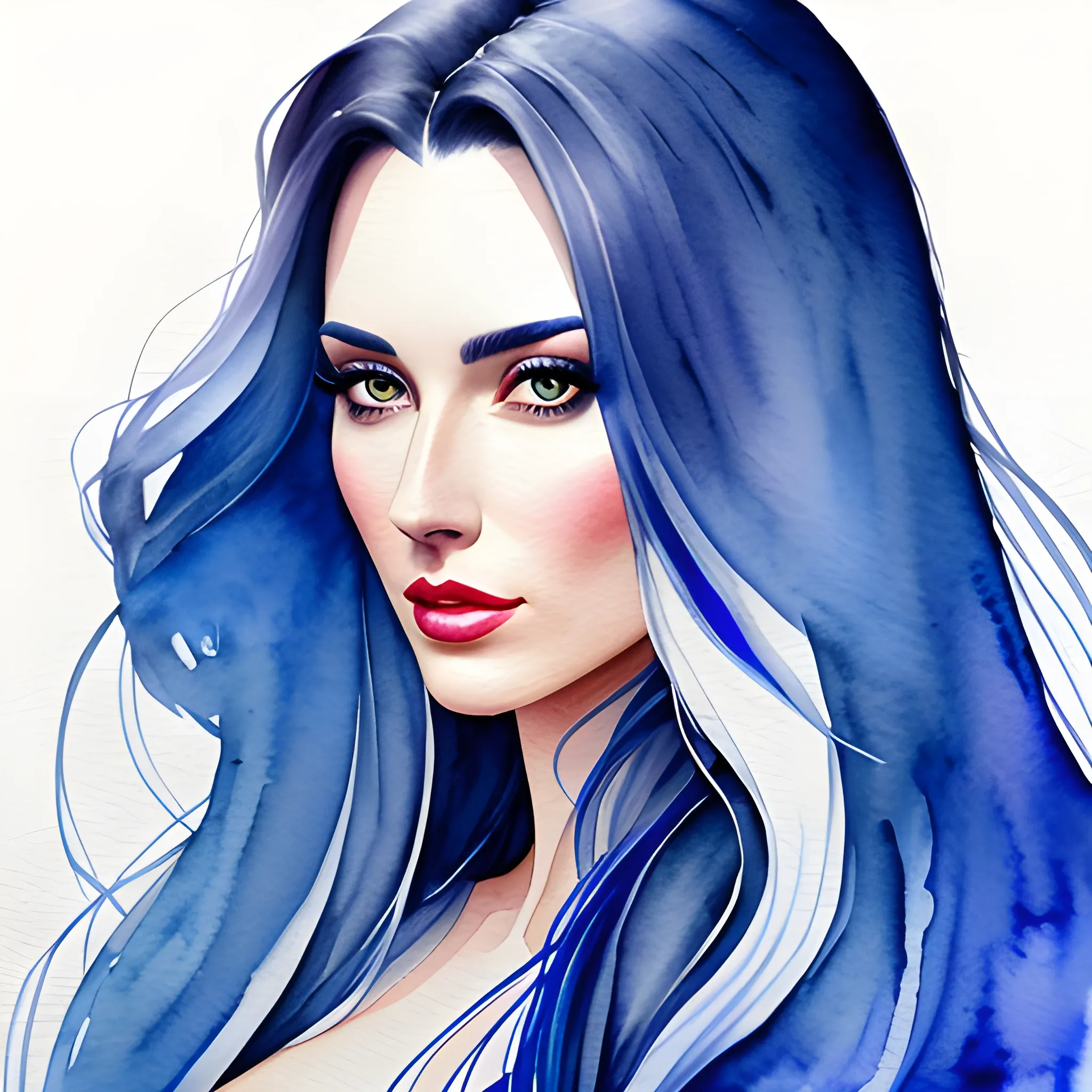 Beautiful modern girl, blue and white, long hair, portrait, hyper realistic watercolor painting, high definition