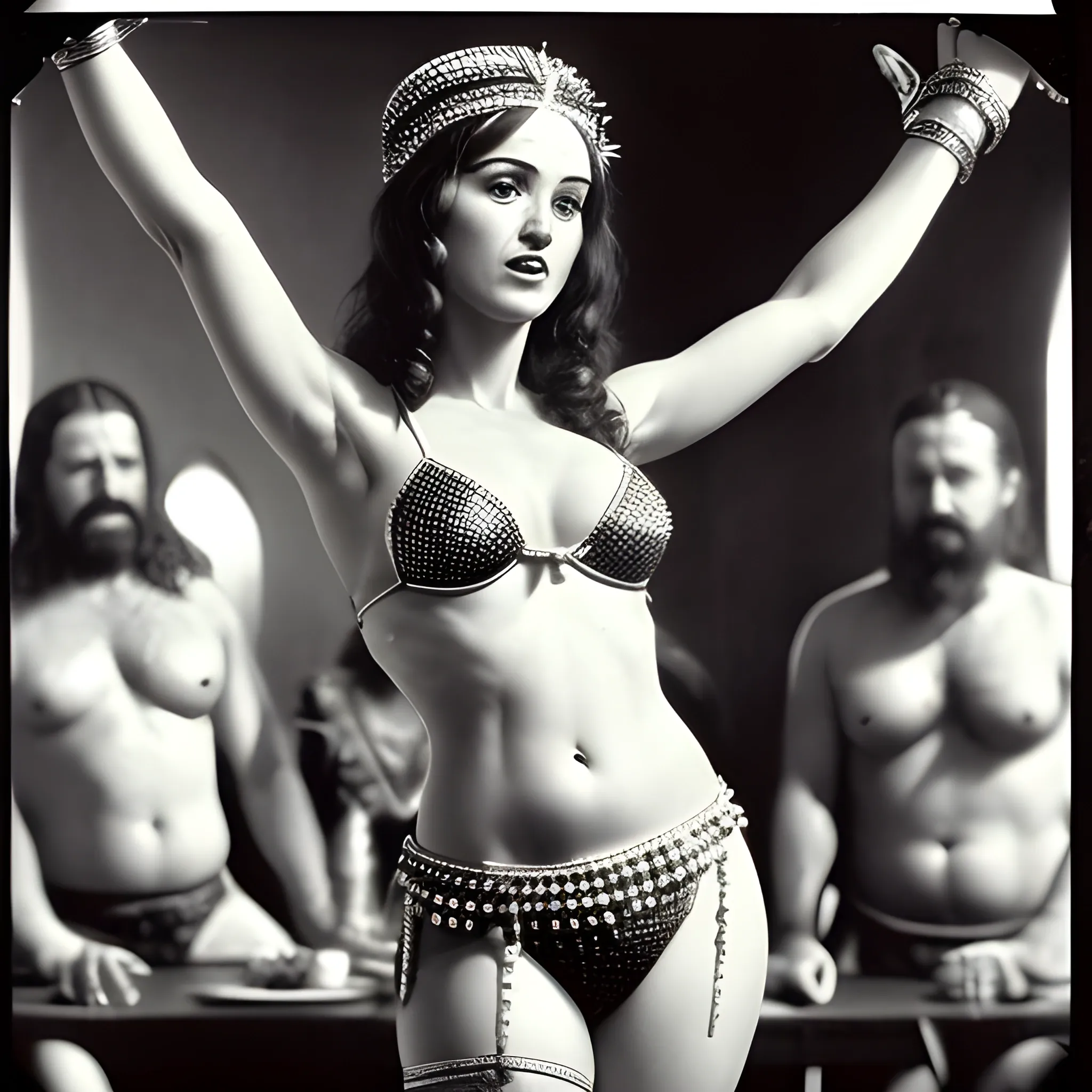 The last supper, a stripper doing belly dance. The apostles having jelly
in the style of photo taken on film, film grain, vintage, 8k ultrafine detail, private press, associated press photo, masterpiece, cinematic