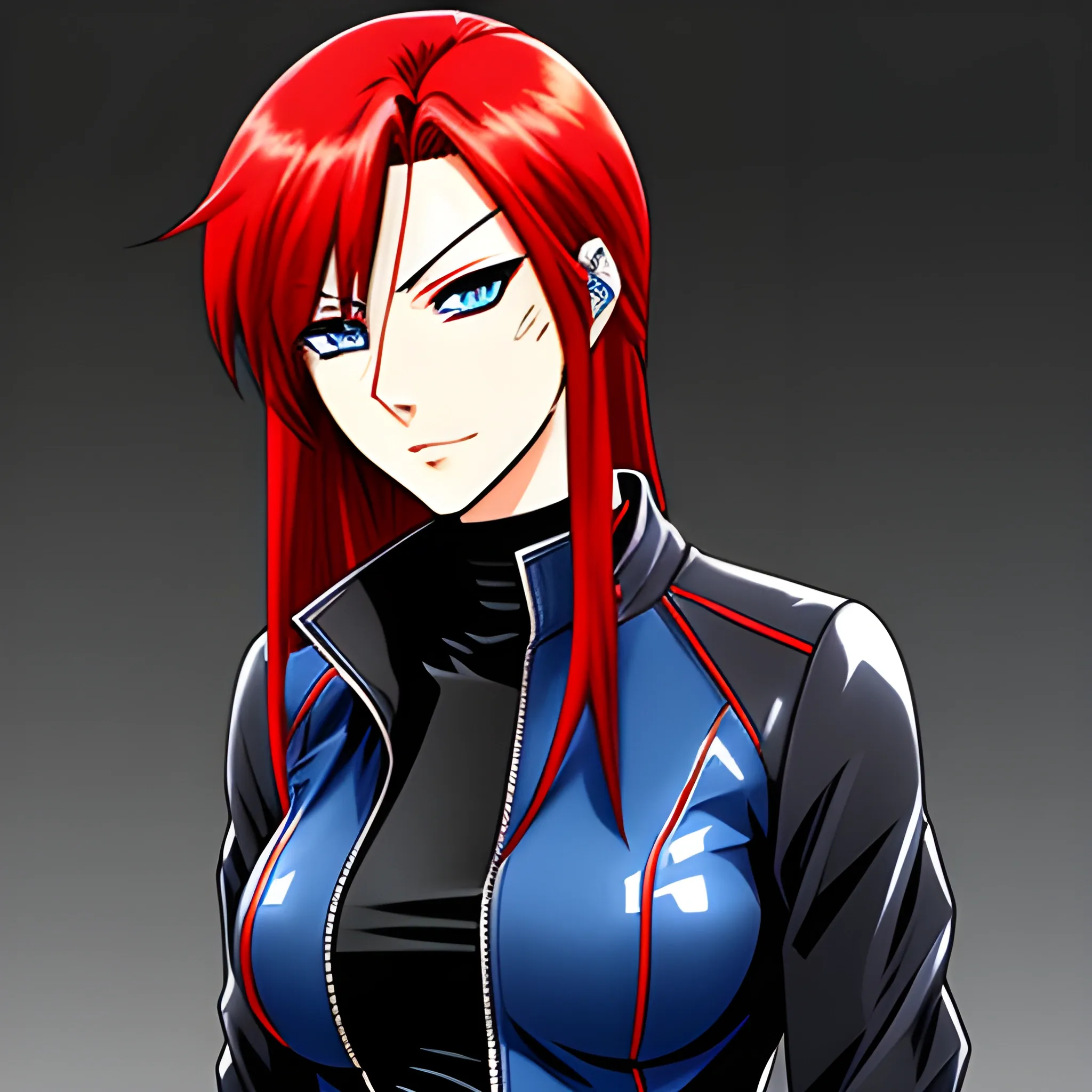 Anime girl wearing leather jacket red hair blue eyes white skin, manga style, ANIME
