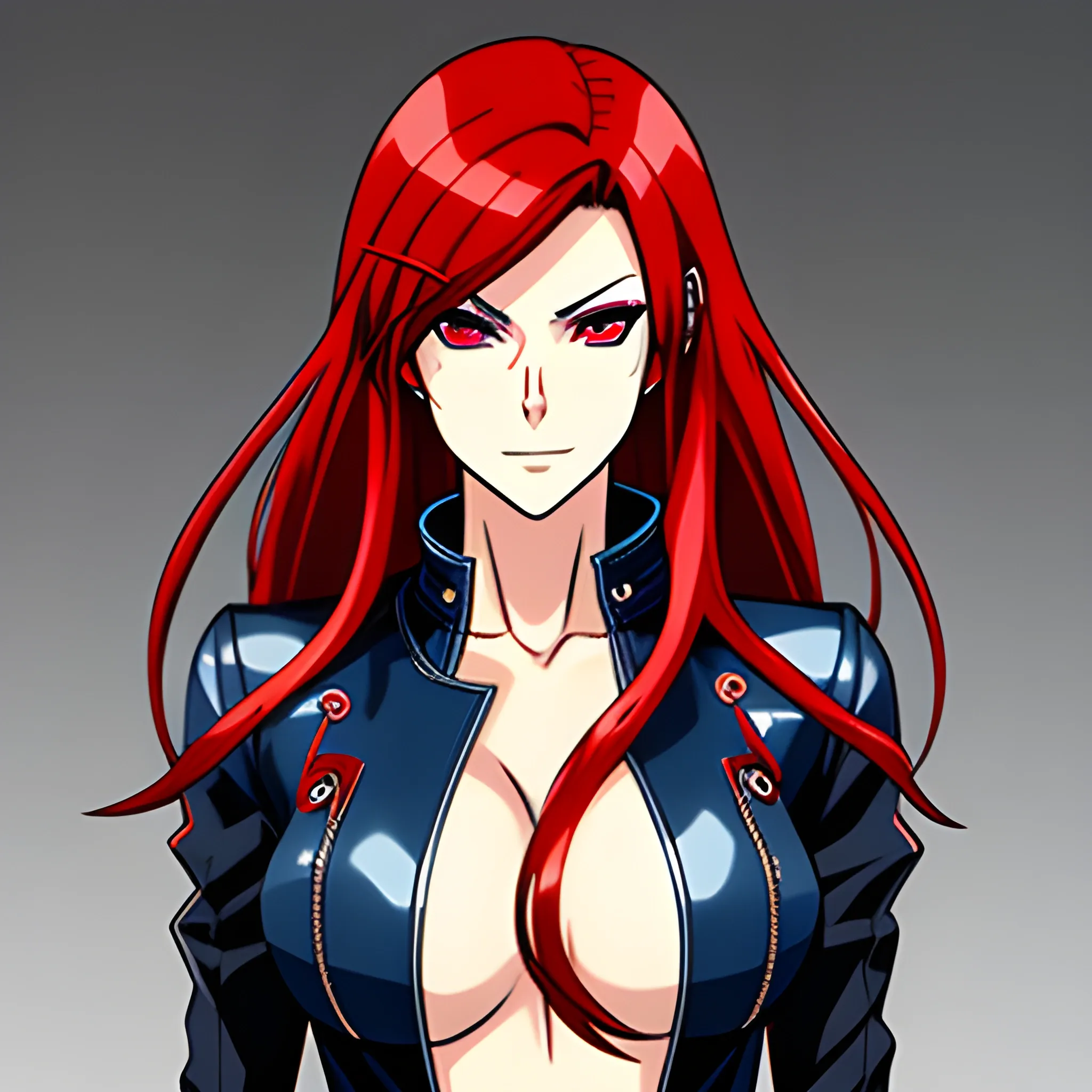 Anime girl wearing leather jacket red hair blue eyes white skin, manga style, ANIME, Cartoon