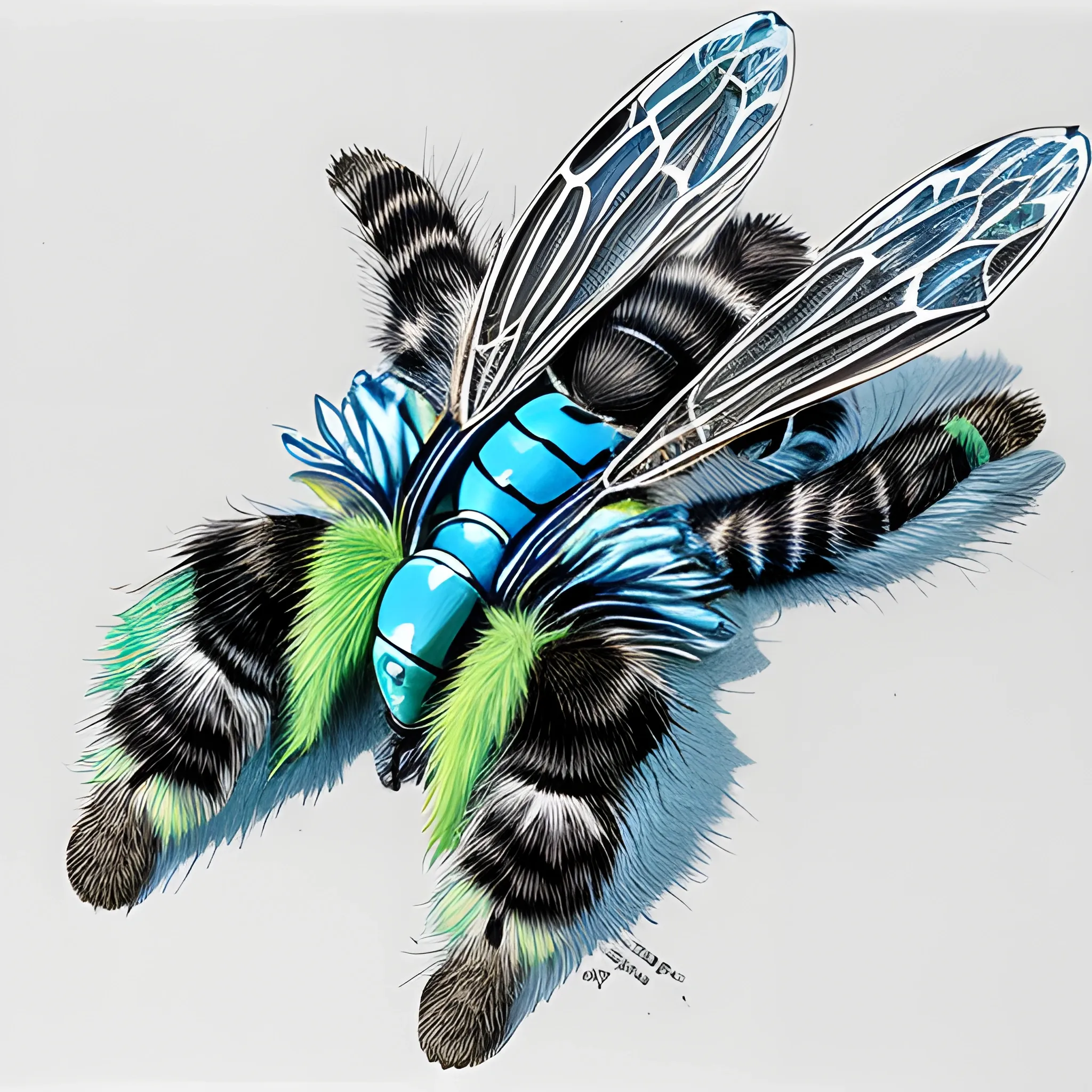 Insectile furry feline hybrid of kitten and housefly, with blue and green and white stripes, with predatory mandibles and segmented body and six jointed legs with tube feet, very detailed, Pencil Sketch