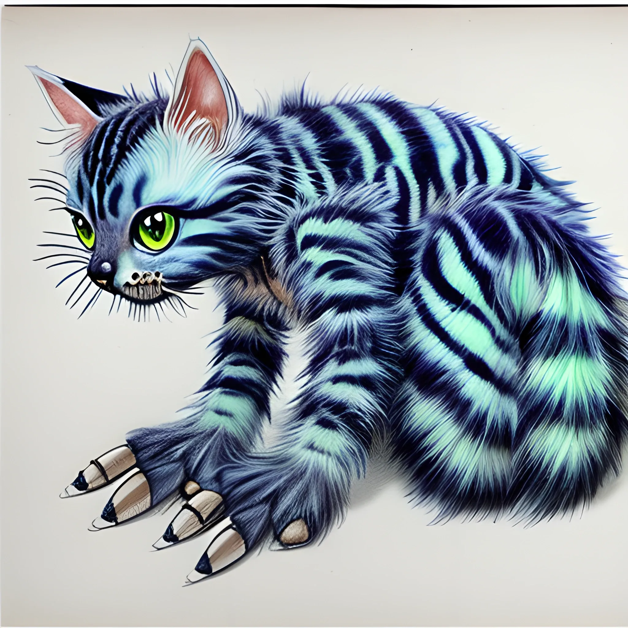 Insectile furry feline hybrid of kitten and cat and housefly, with blue and green and white stripes, with predatory mandibles and segmented body and six jointed legs with tube feet, very detailed, Pencil Sketch