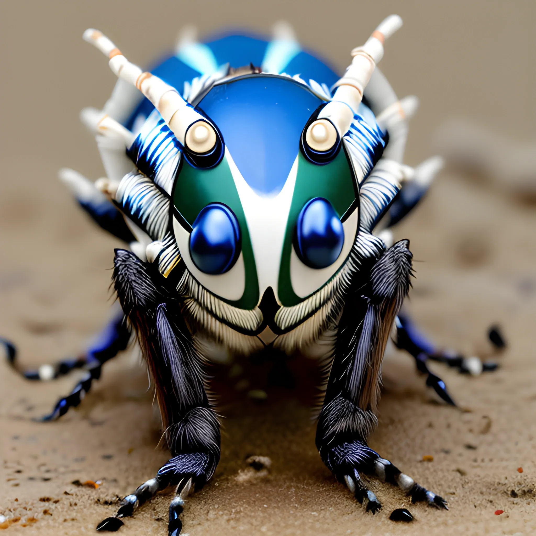 Insectile furry feline hybrid of kitten and cat and housefly, with blue and green and white stripes, with predatory mandibles and segmented body and six jointed legs with tube feet, on a muddy beach, very detailed