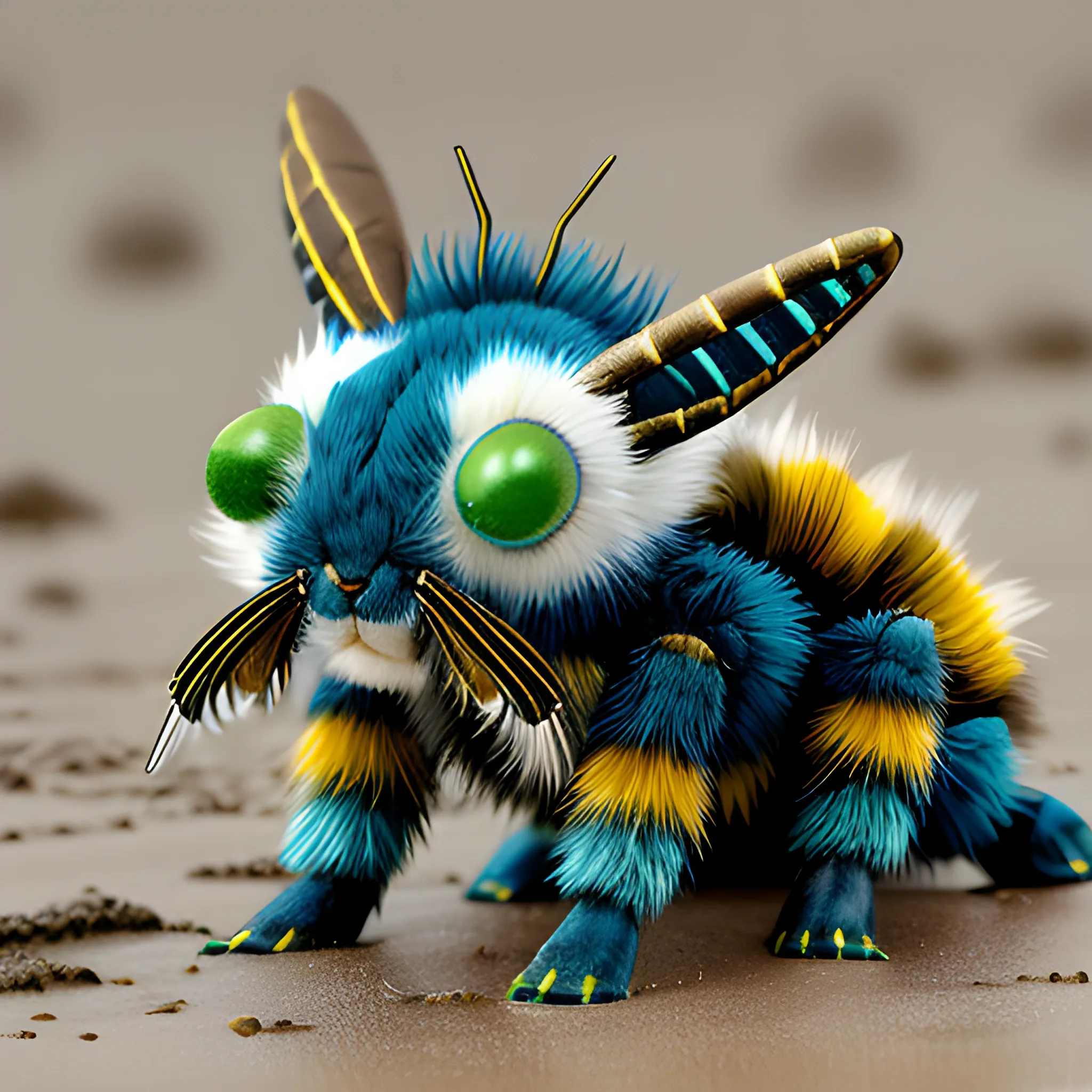 Insectile furry fluffy feline hybrid of rabbit and bumblebee, with blue and green and white stripes, with predatory mandibles and segmented body and six jointed legs with tube feet, on a muddy beach, very detailed