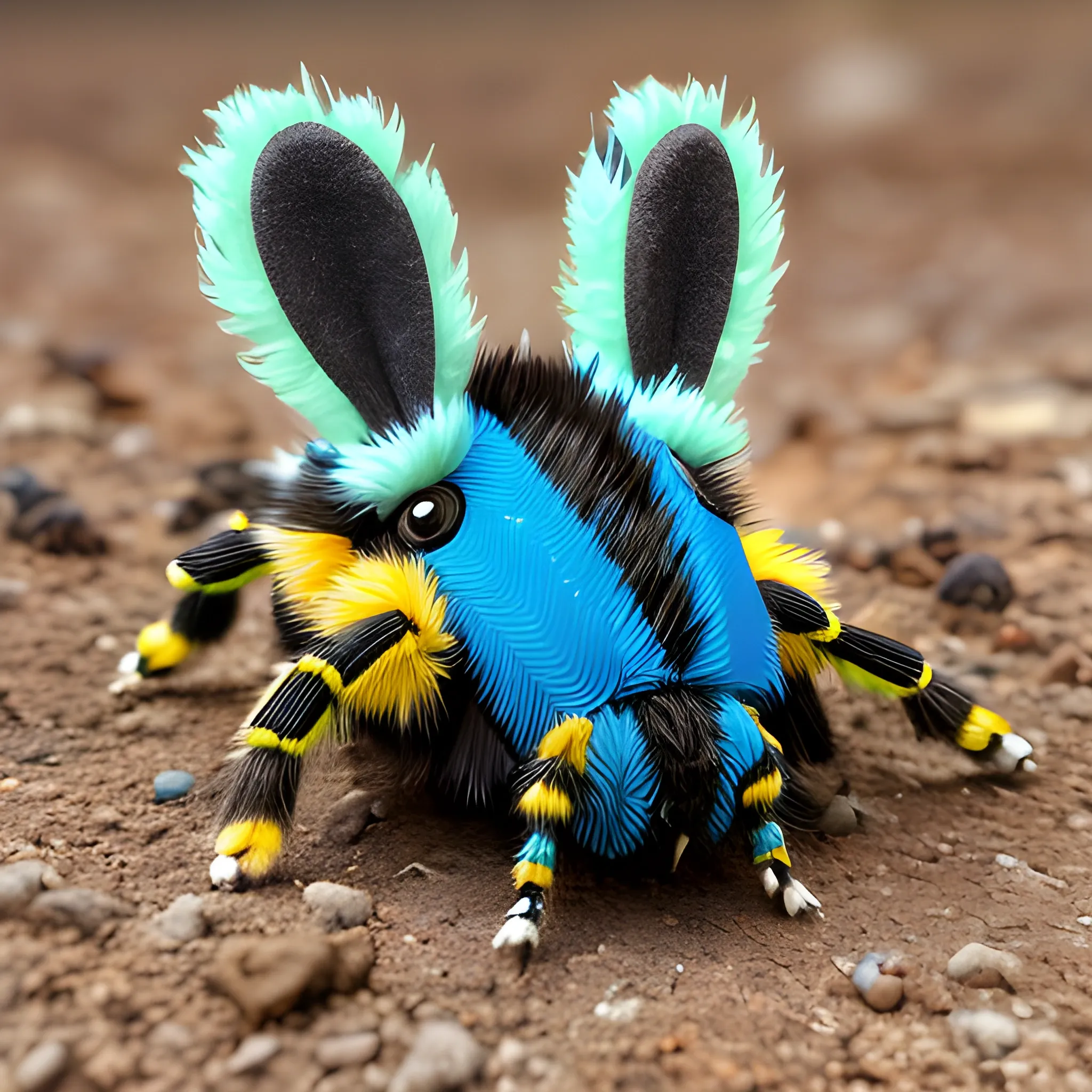 Insectile furry fluffy feline hybrid of rabbit and bumblebee, with blue and green and white stripes, with predatory mandibles and segmented body and six jointed legs with tube feet, with brightly coloured eggs, on rough scrubland, at night, very detailed