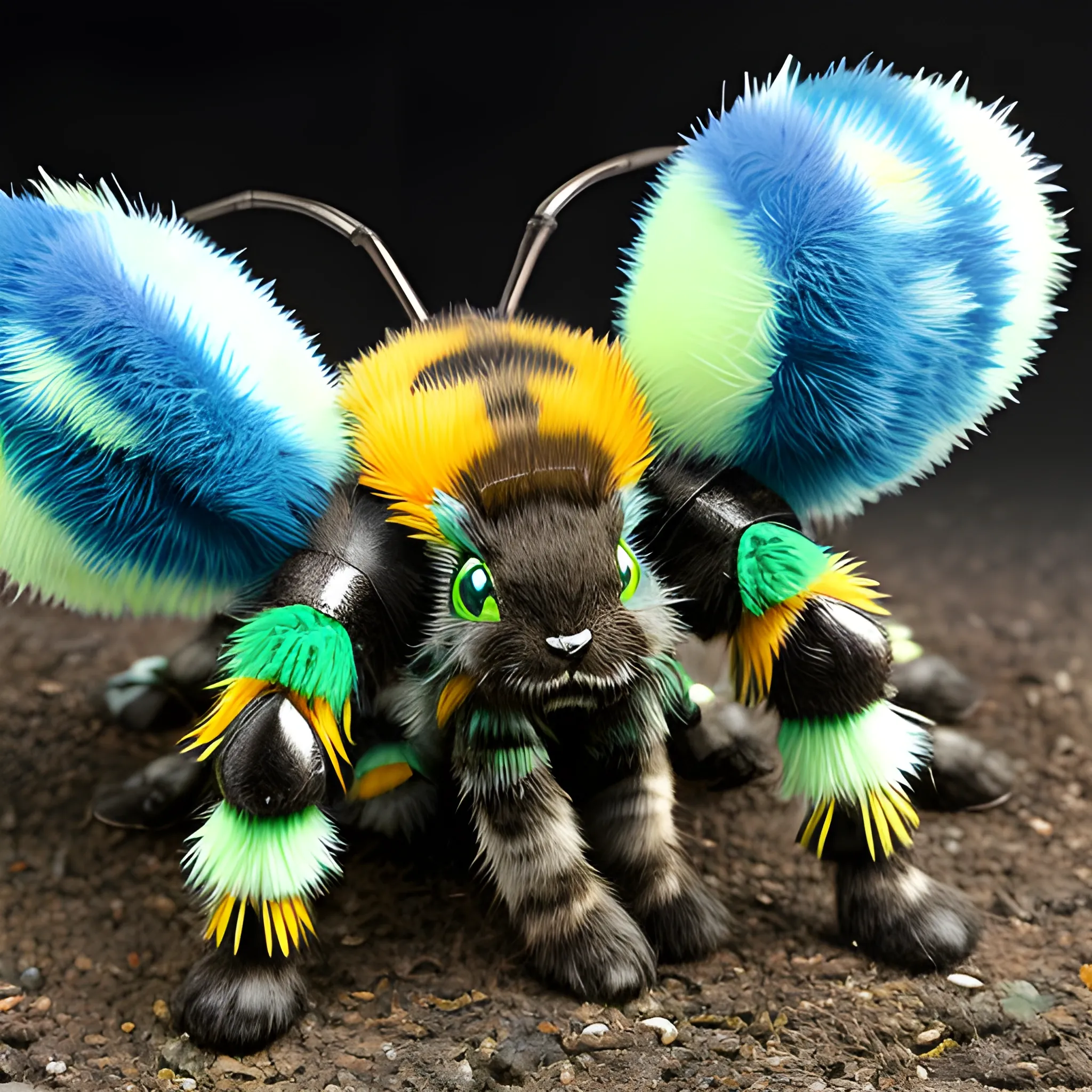 Insectile furry fluffy feline hybrid of rabbit and bumblebee, with blue and green and white stripes, with predatory mandibles and segmented body and six jointed legs with tube feet, with brightly coloured eggs, on rough scrubland, at night, very detailed, Trippy