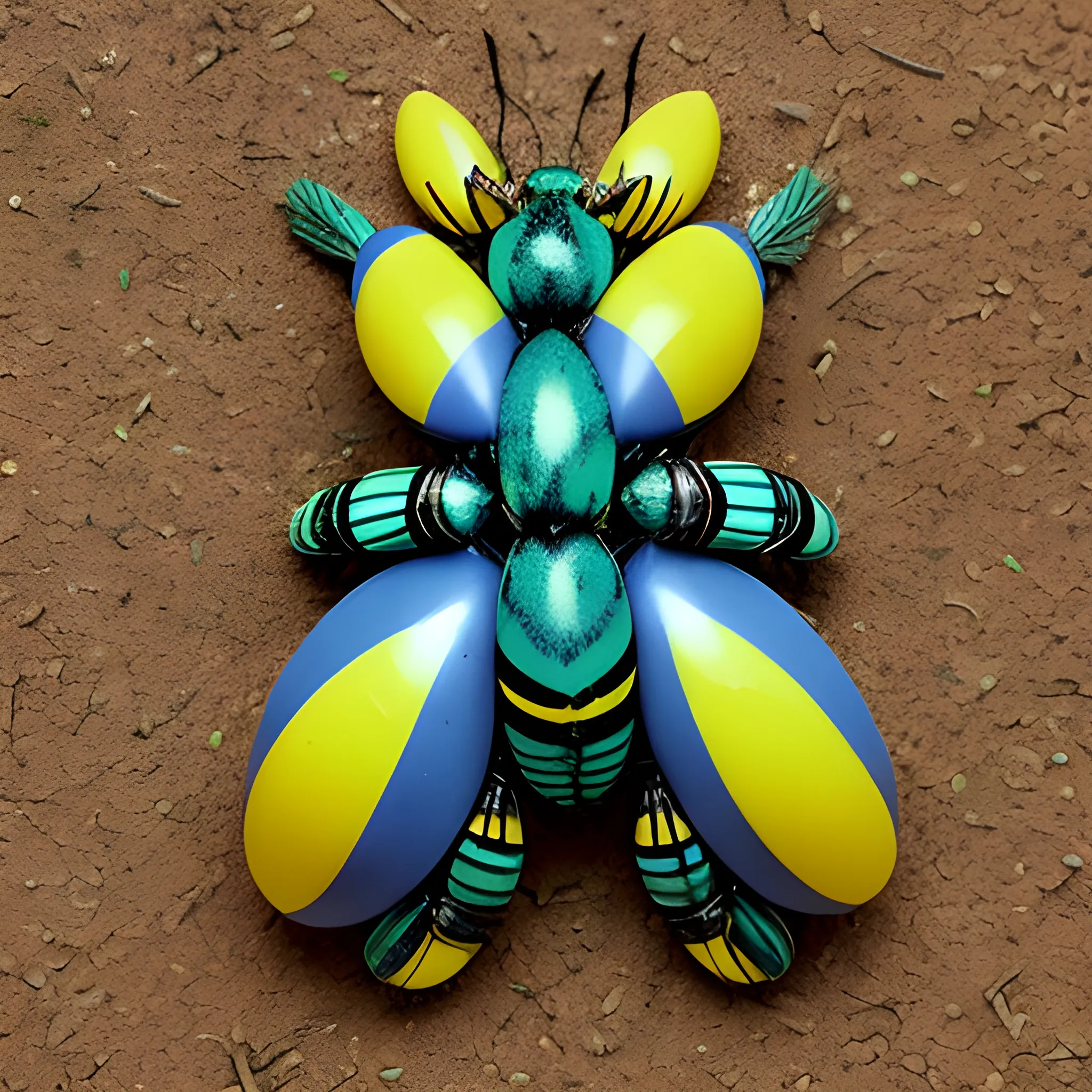 Insectile furry fluffy feline hybrid of rabbit and bumblebee, with blue and green and white stripes, with predatory mandibles and segmented body and six jointed legs with tube feet, with brightly coloured eggs, on rough scrubland, at night, very detailed, Trippy
