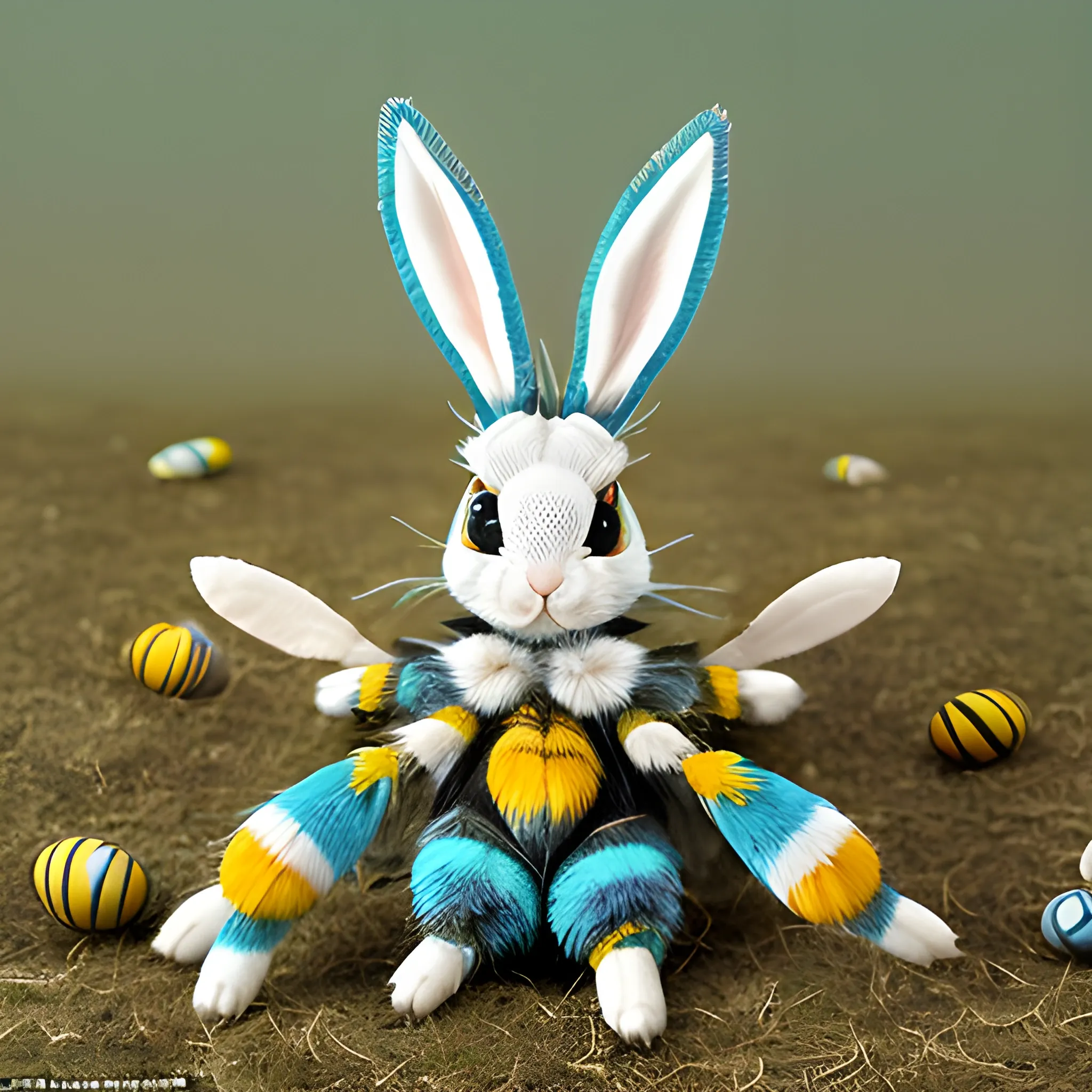Insectile furry fluffy lapine hybrid of rabbit and bumblebee, with blue and green and white stripes, with bunny ears and butterfly wings, with predatory mandibles and segmented body and six jointed legs with tube feet, with brightly coloured eggs, on rough scrubland, at night, very detailed, Trippy