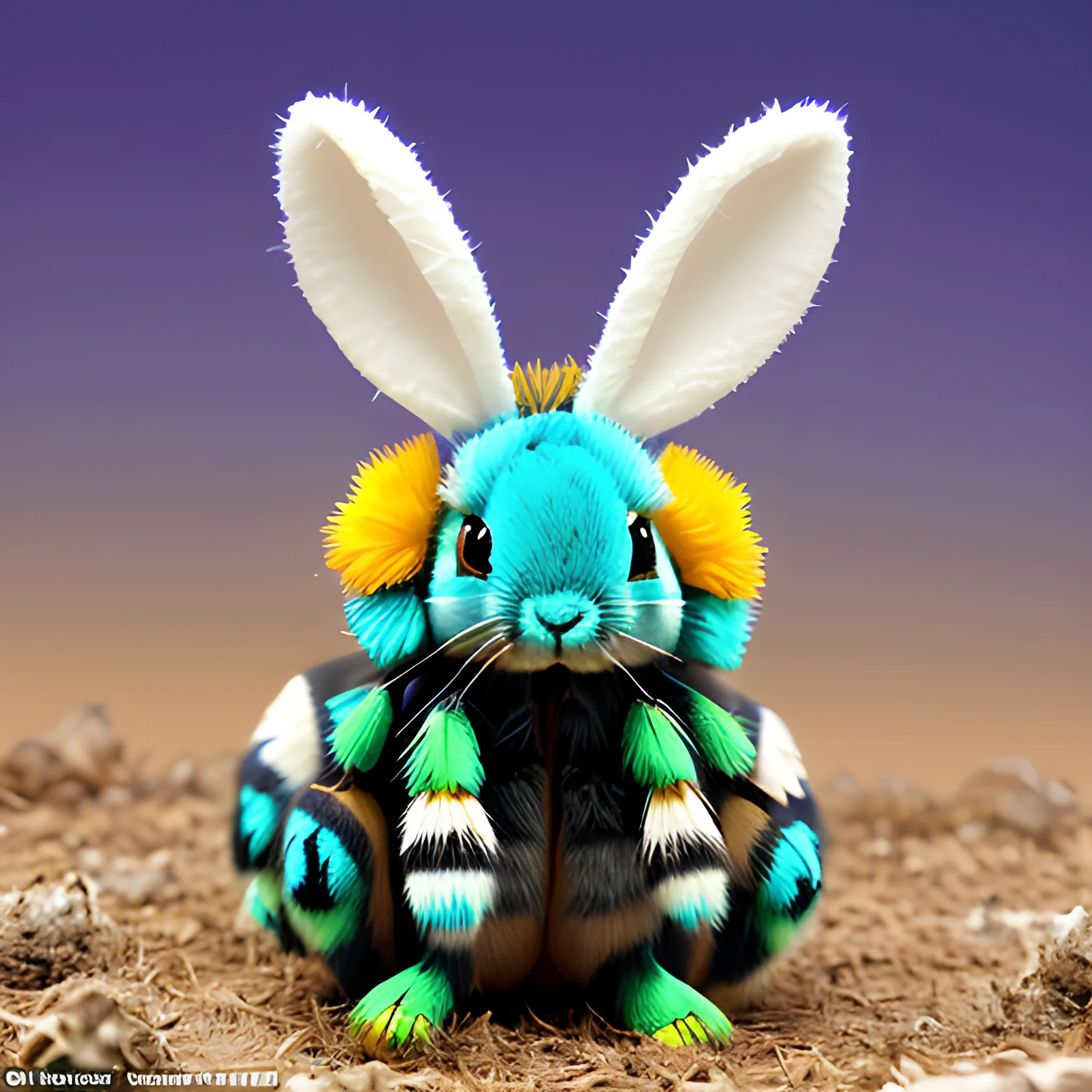 Insectile furry fluffy lapine hybrid of rabbit and bumblebee, with blue and green and white stripes, with bunny ears and butterfly wings, with predatory mandibles and segmented body and six jointed legs with tube feet, with brightly coloured eggs, on rough scrubland, at night, very detailed, Trippy
