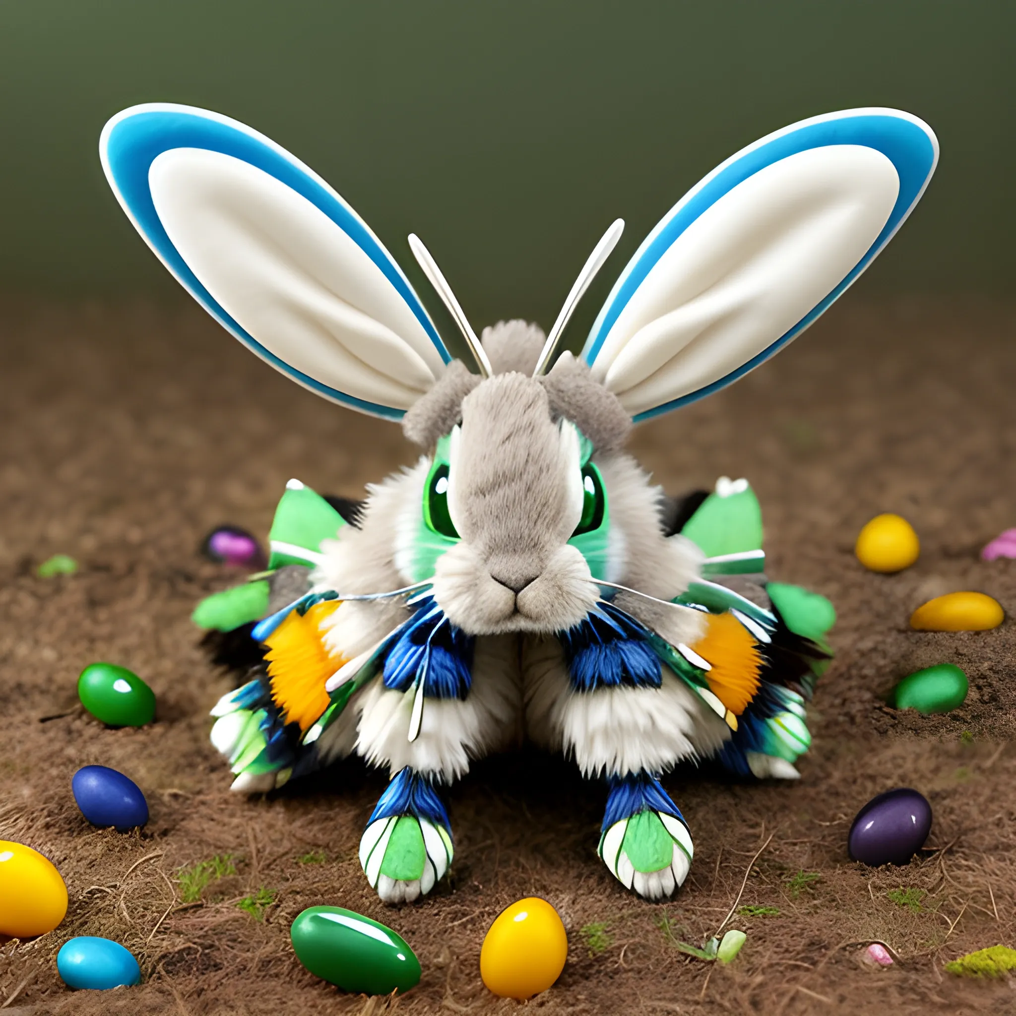 Insectile furry fluffy lapine hybrid of rabbit and bumblebee, with blue and green and white stripes, with bunny ears and butterfly wings, with predatory mandibles and segmented body and six jointed legs with tube feet, with brightly coloured eggs, on rough scrubland, at night, very detailed, photorealistic
