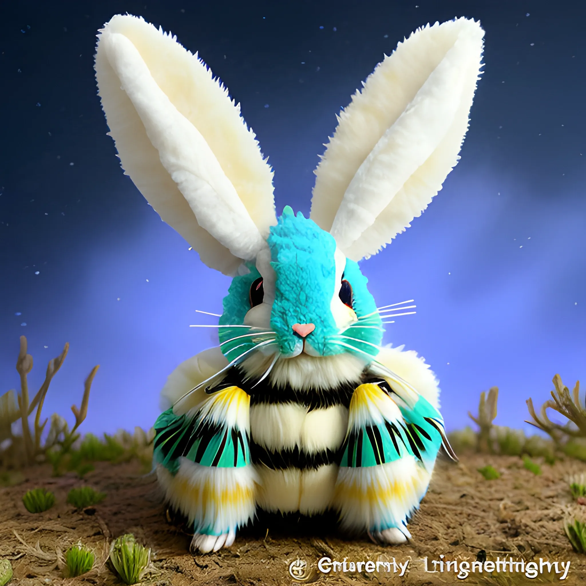 very fluffy Insectile furry lapine hybrid of rabbit and bumblebee, with blue and green and white stripes, with fluffy bunny ears and iridescent butterfly wings, with predatory mandibles and segmented body and six jointed legs with tube feet, with brightly coloured eggs, on rough scrubland, at night, very detailed, photorealistic
