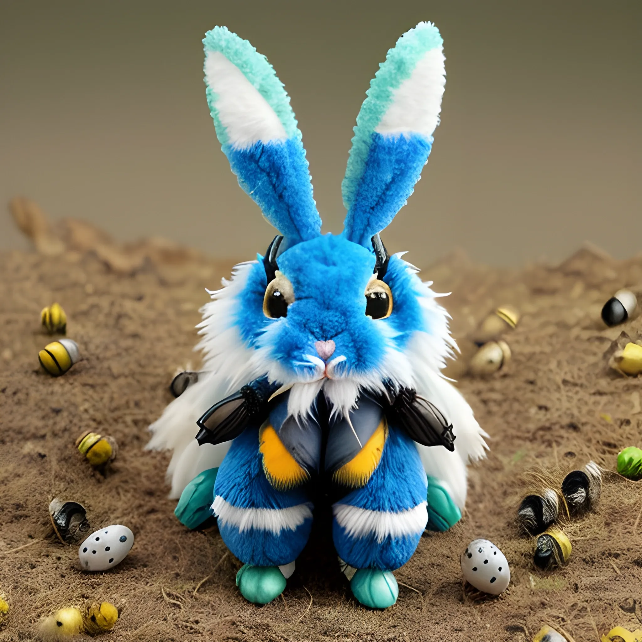 very fluffy Insectile furry lapine hybrid of rabbit and bumblebee, with blue and green and white stripes, with fluffy bunny ears and iridescent butterfly wings, with predatory mandibles and segmented body and six jointed legs with tube feet, with brightly coloured eggs, on rough scrubland, at night, very detailed, photorealistic
