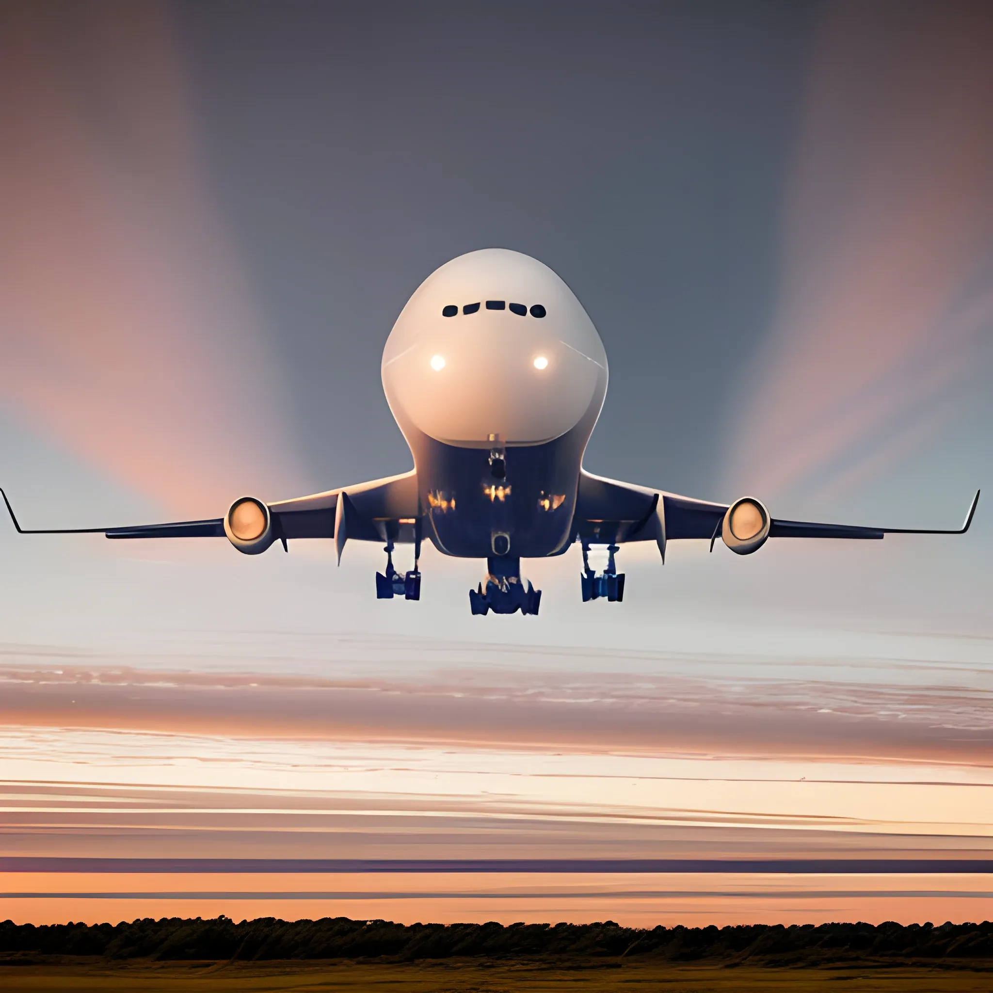 A distant view of a landscape setting the sun, with many clouds with different shapes and celestial tones, A nice BOEING 777 airplane, planning to land on a long runway, cockpit down and the tail of the plane up, lowering its tires to land , around the runway there are many cedars, oaks and cypress trees, aminated pixar style