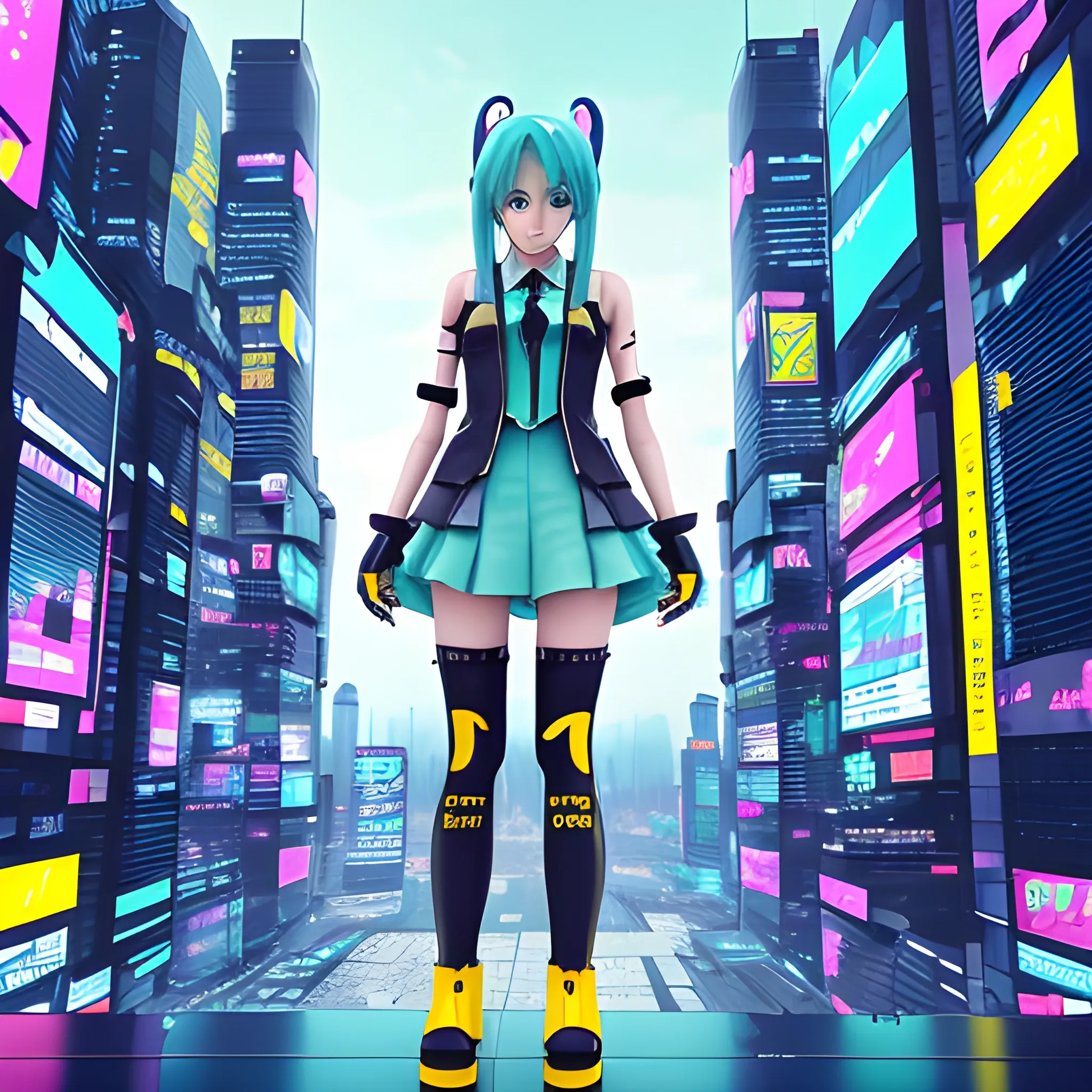 a hatsune miku in a yellow outfit and black boots stands in front of a city, cyberpunk 