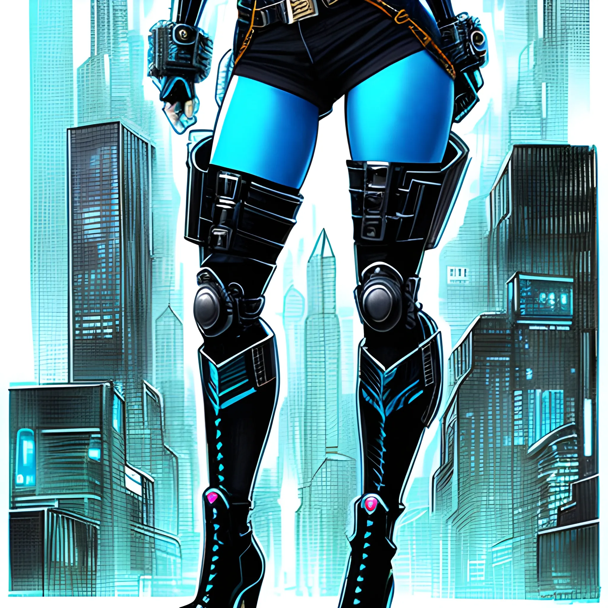 girl whit large blue hair whit black boots stands in a city, cyberpunk art by Kim Hong-do,Pencil Sketch