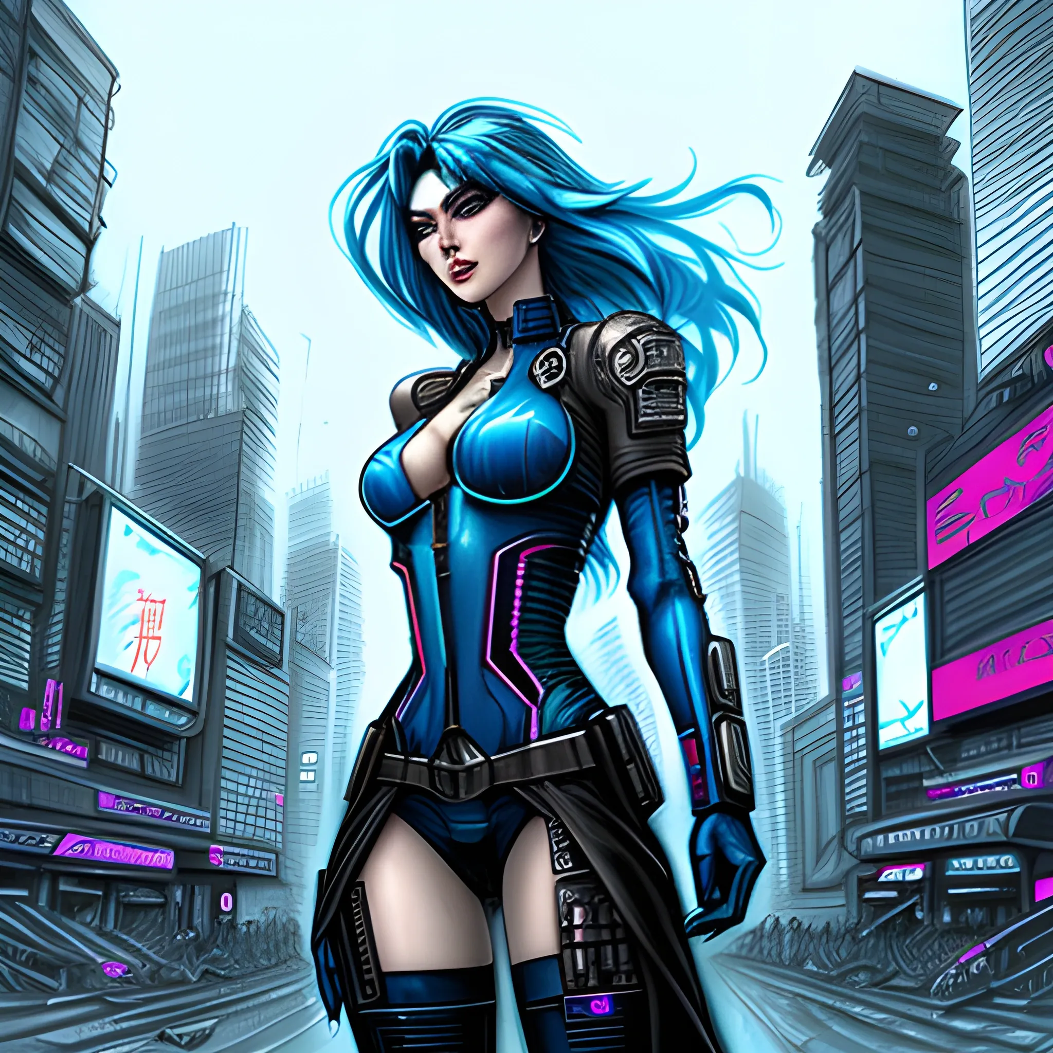 girl whit large blue hair, stands in a city, cyberpunk art by Kim Hong-do,Pencil Sketch