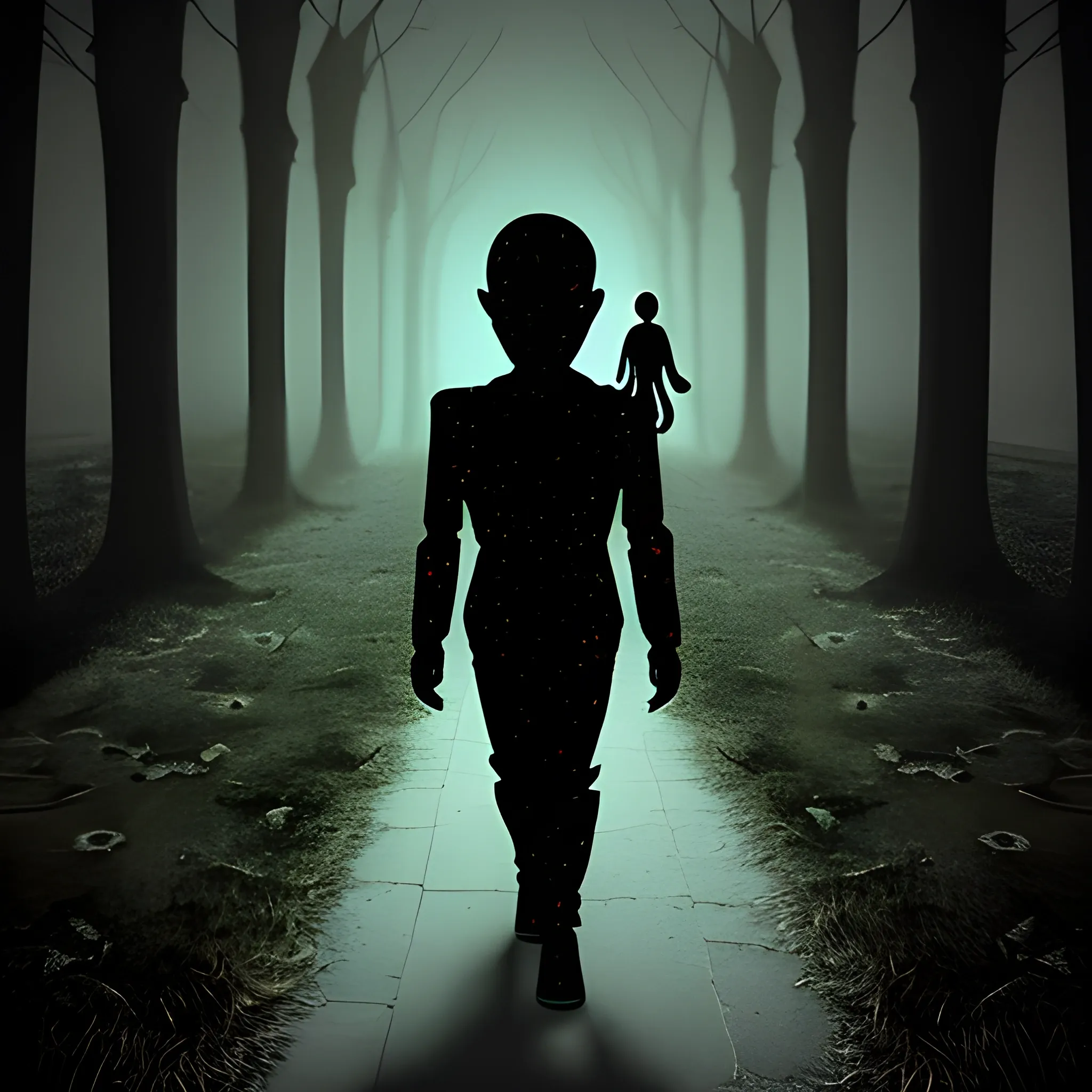 A creepy  and distorted, shadow figure monster walking towards you, Trippy, 3D