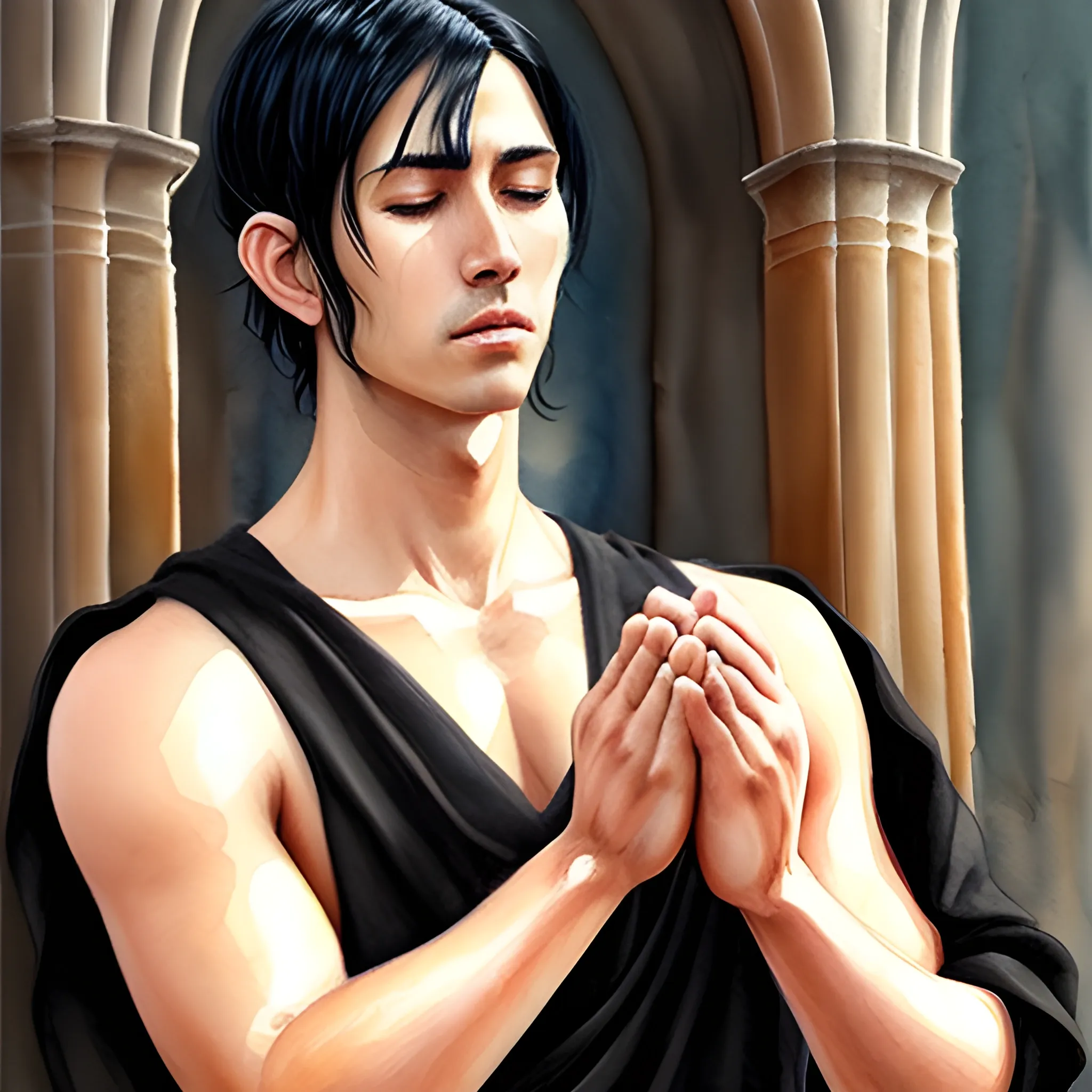 , Water Color, Oil Painting, man, hot, cute, guy, male, black hair, praying, monk, medieval 