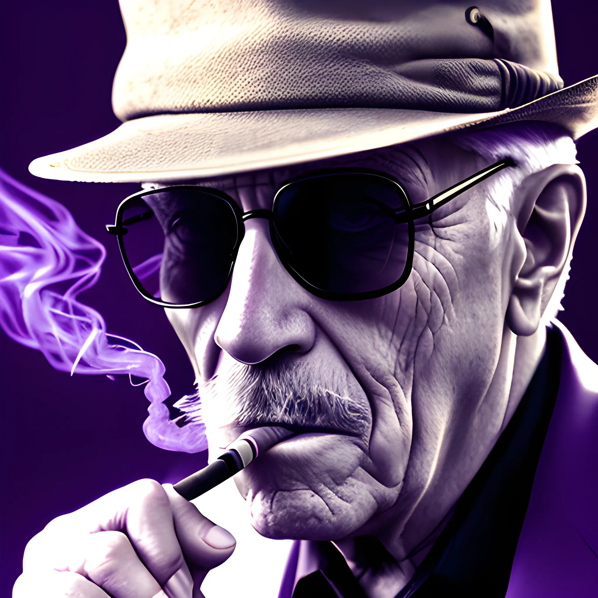 old man smoking a cigarette, Dark Sunglasses, mystical, portrait, supernatural, Neo, purple