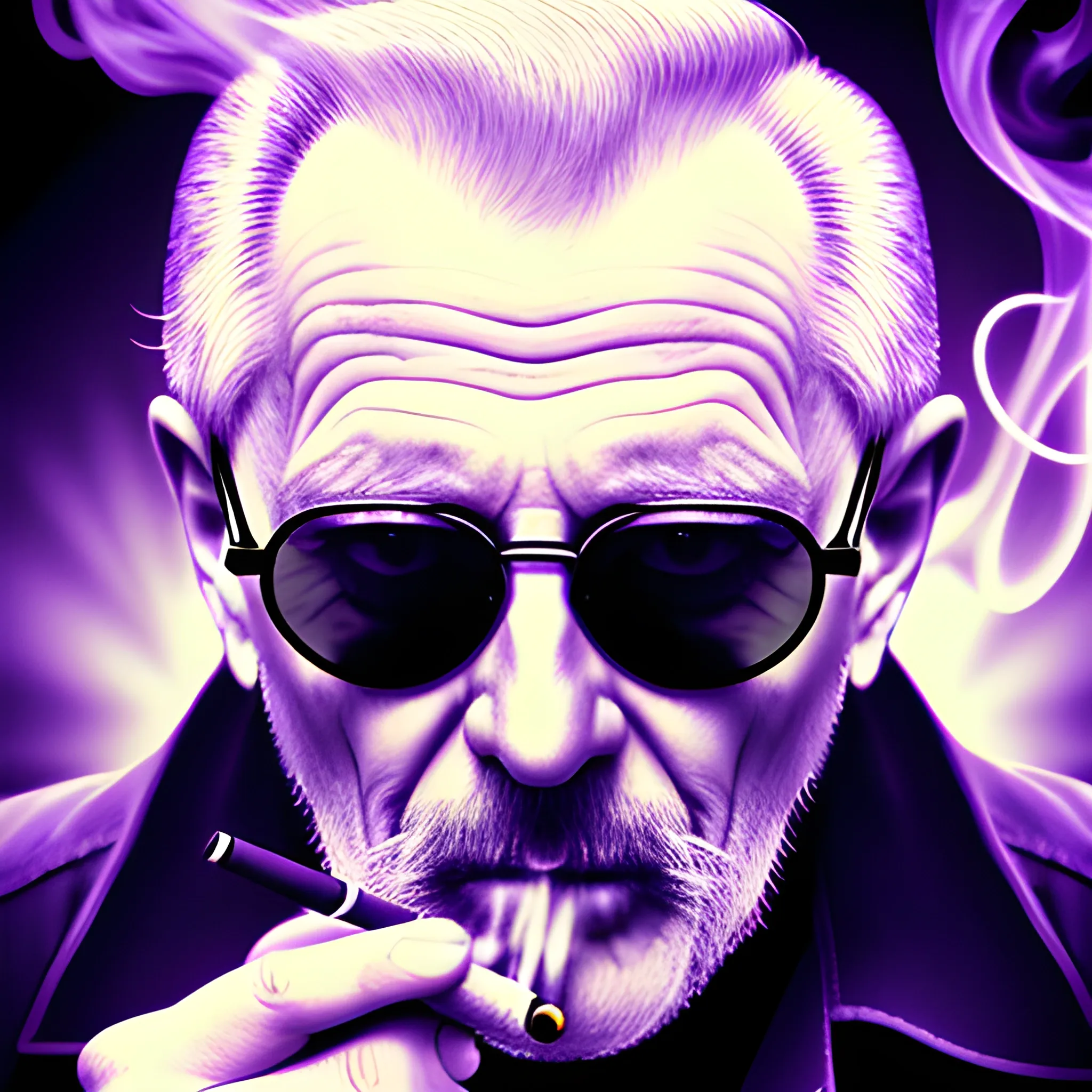 old man smoking a cigarette, Dark Sunglasses, mystical, portrait, supernatural, Neo, purple