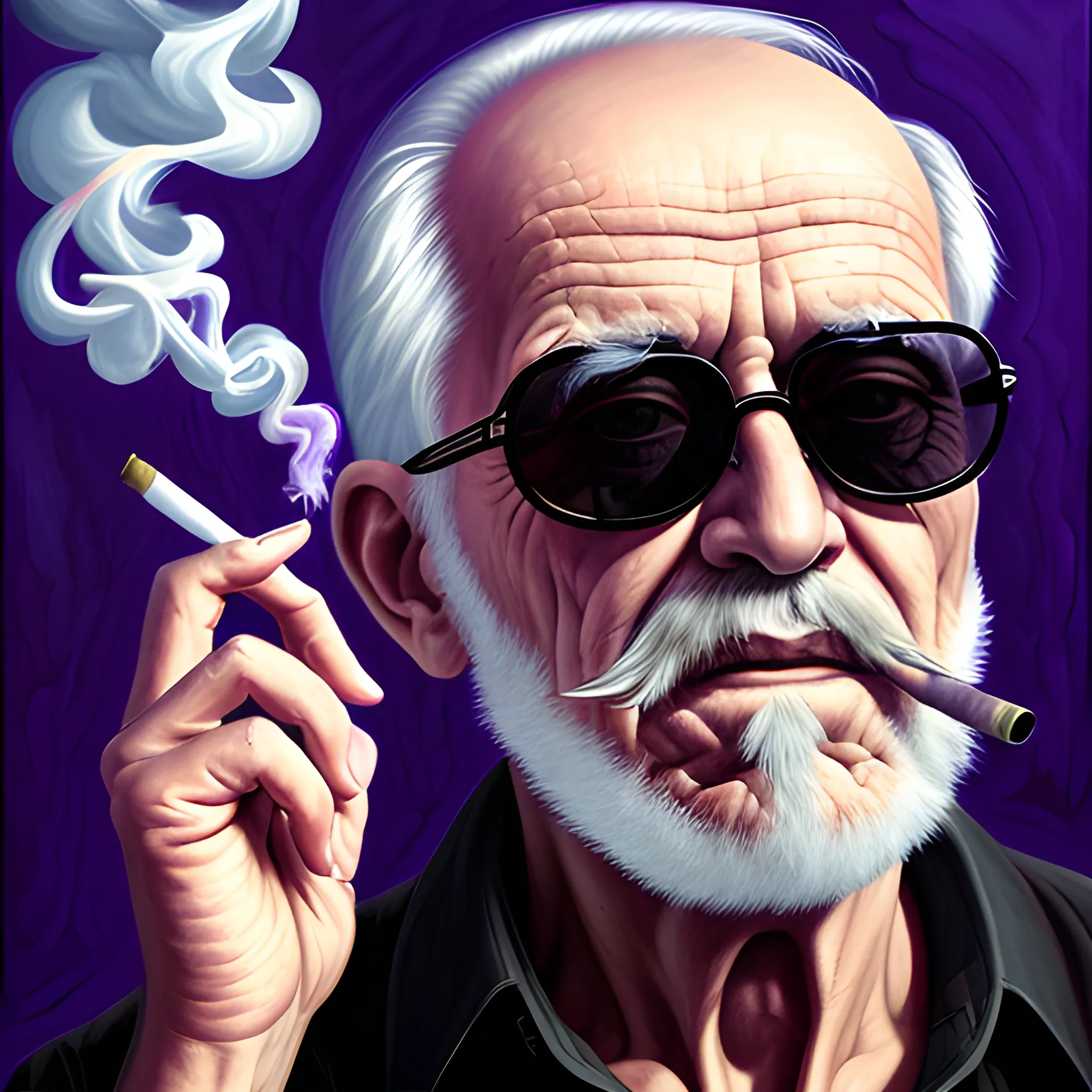 old man smoking a cigarette, Dark Sunglasses, mystical, portrait, supernatural, Neo, purple, Oil Painting