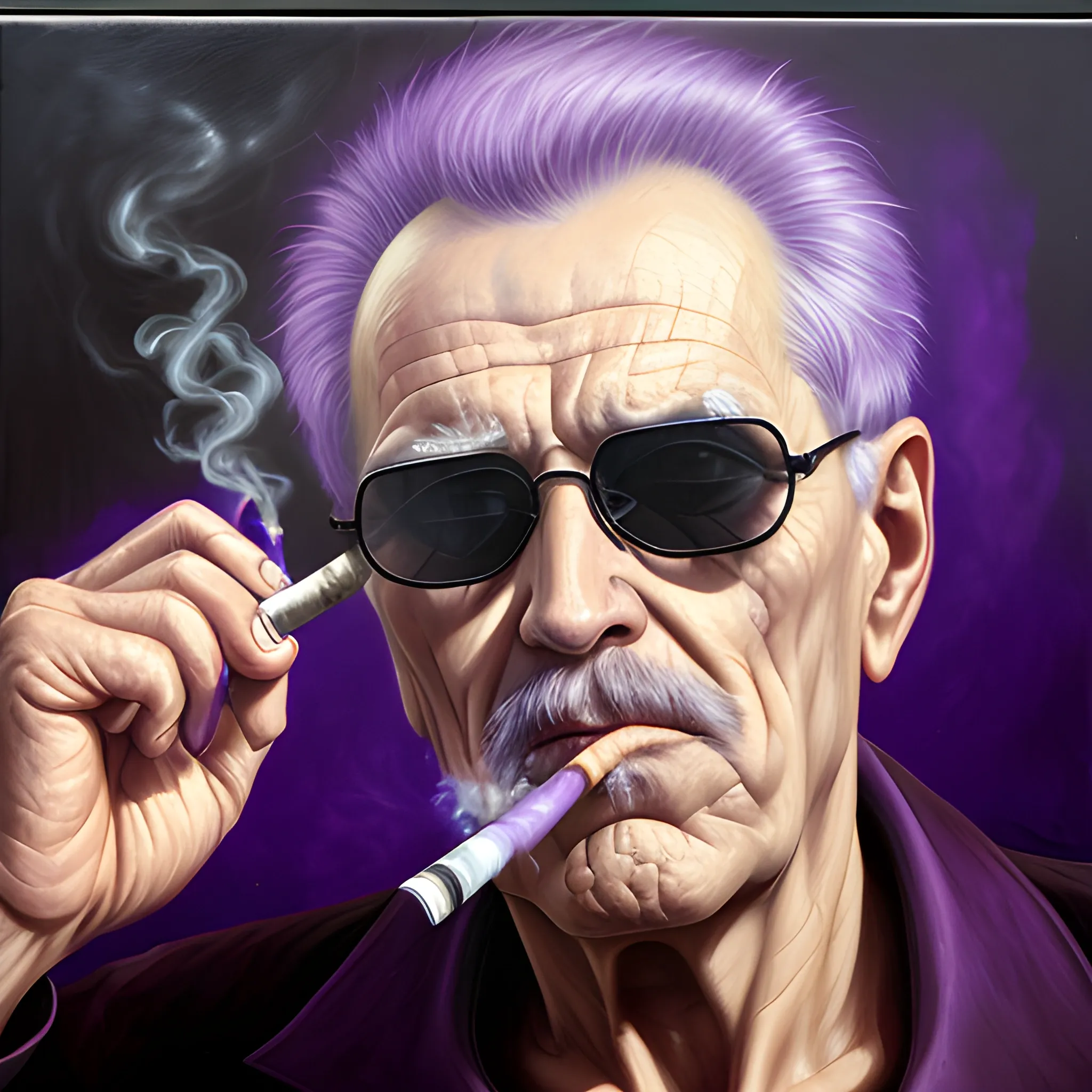 old man smoking a cigarette, Dark Sunglasses, mystical, portrait, supernatural, Neo, purple, Oil Painting