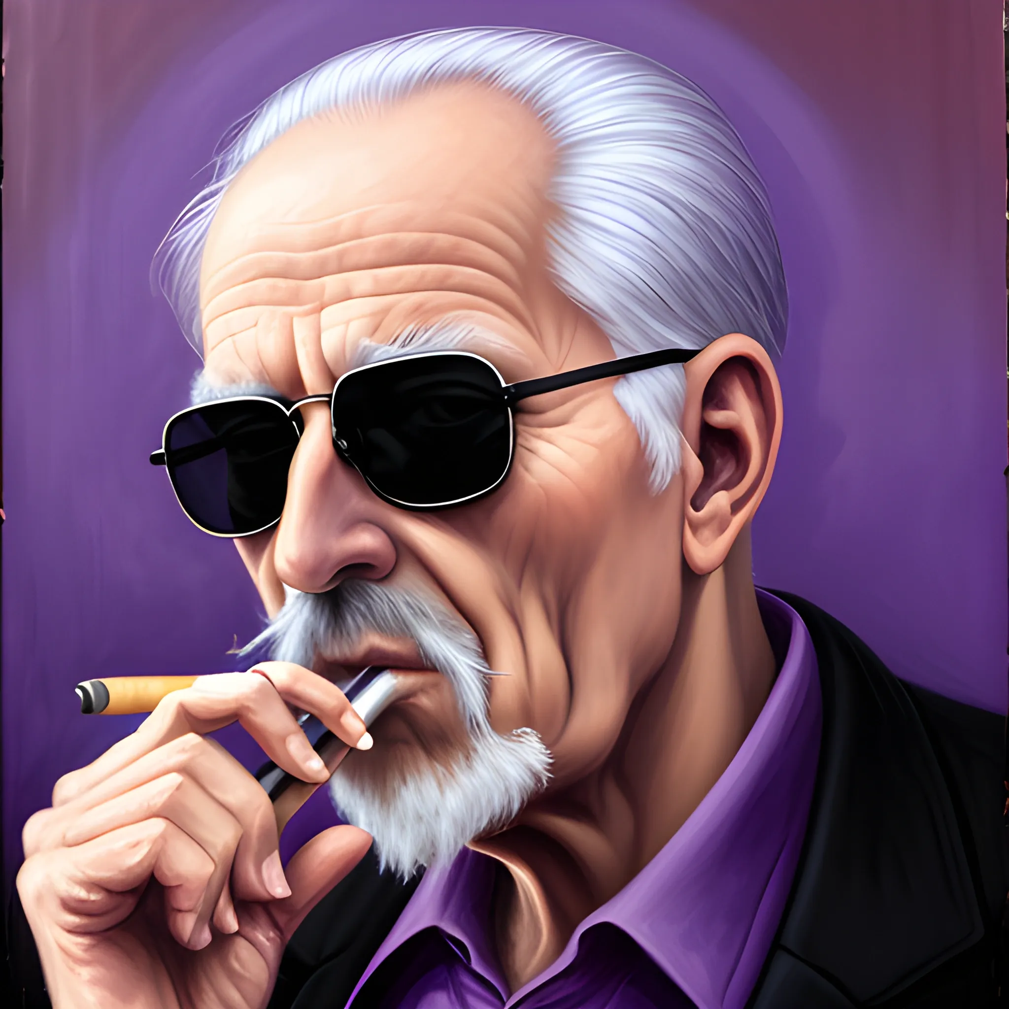 old man smoking a cigarette, Dark Sunglasses, mystical, portrait, supernatural, Neo, purple, Oil Painting