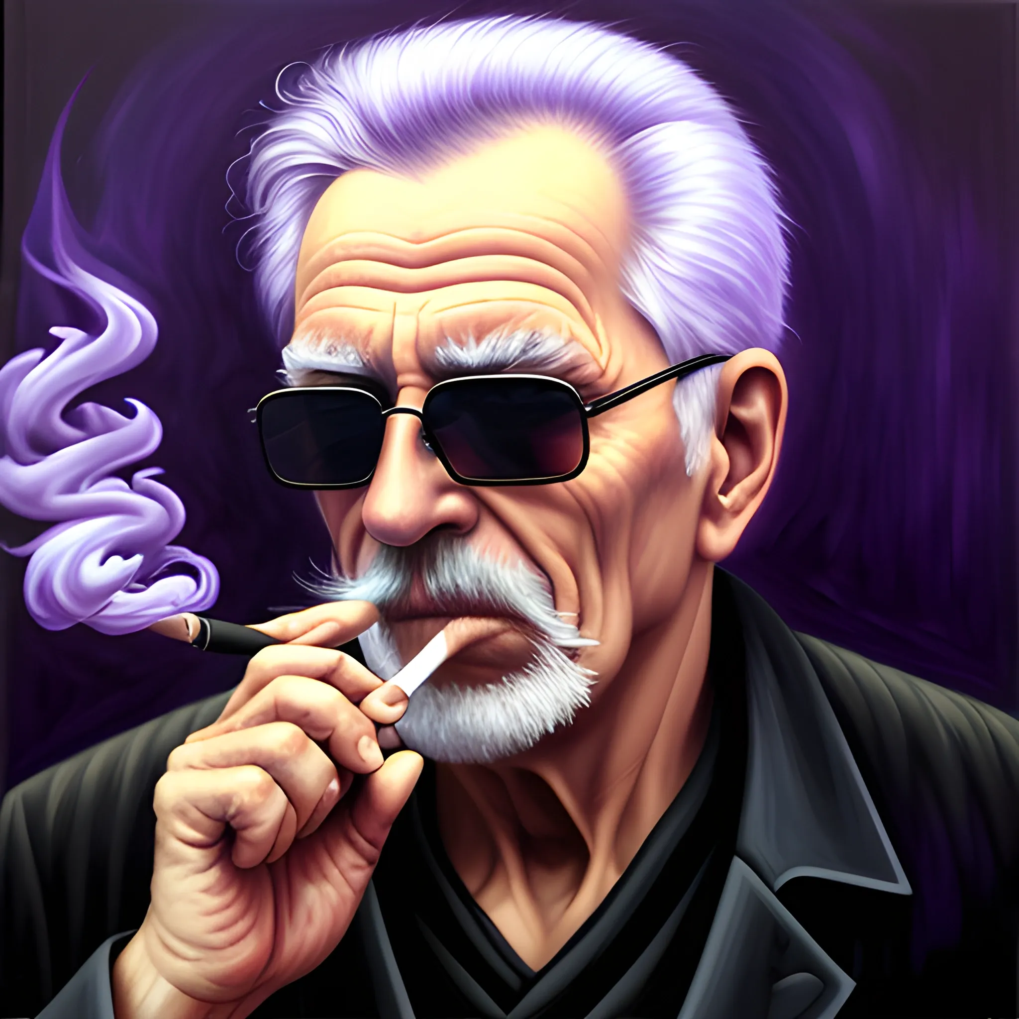 old man smoking a cigarette, Dark Sunglasses, mystical, portrait, supernatural, Neo, purple, Oil Painting