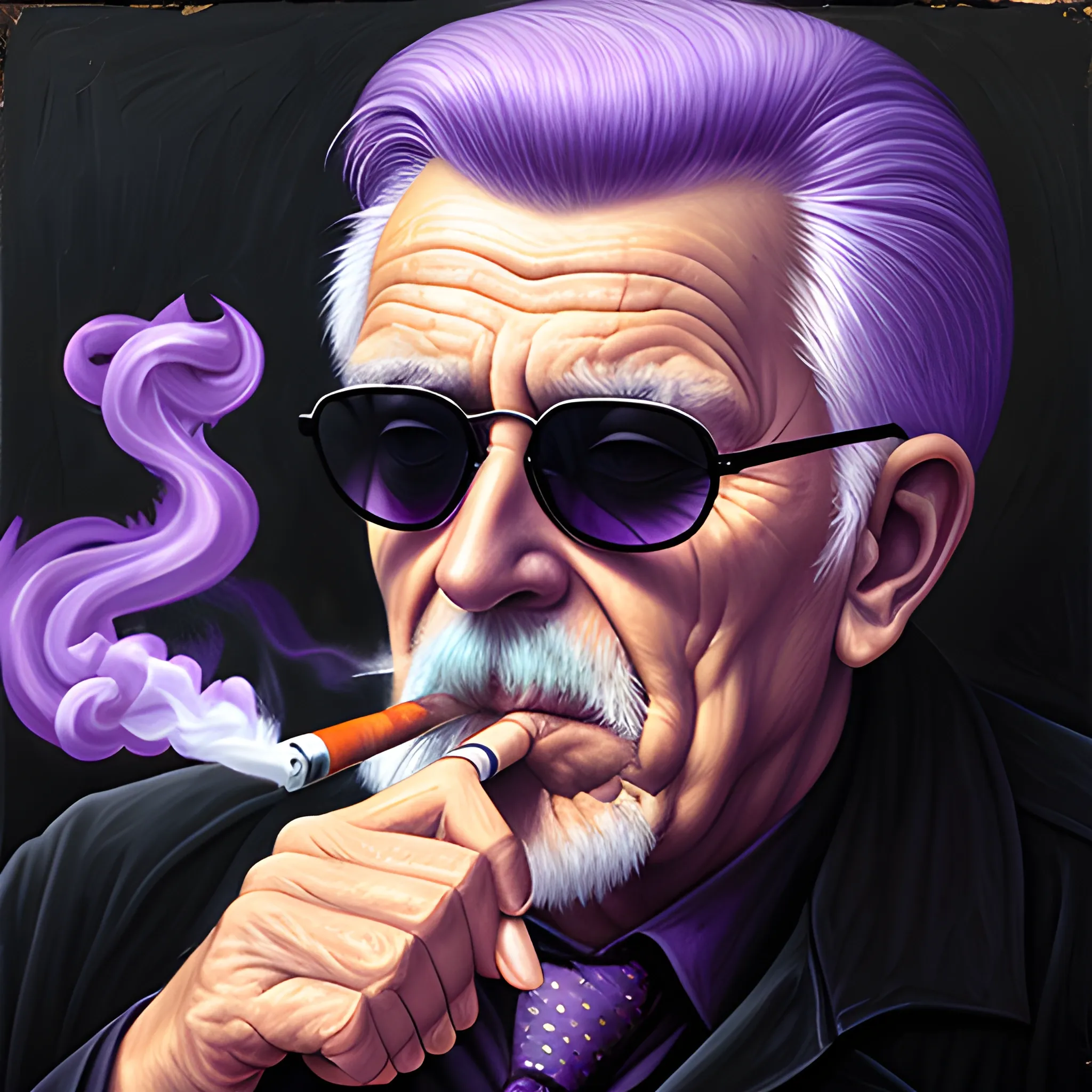 old man smoking a cigarette, Dark Sunglasses, mystical, portrait, supernatural, Neo, purple, Oil Painting