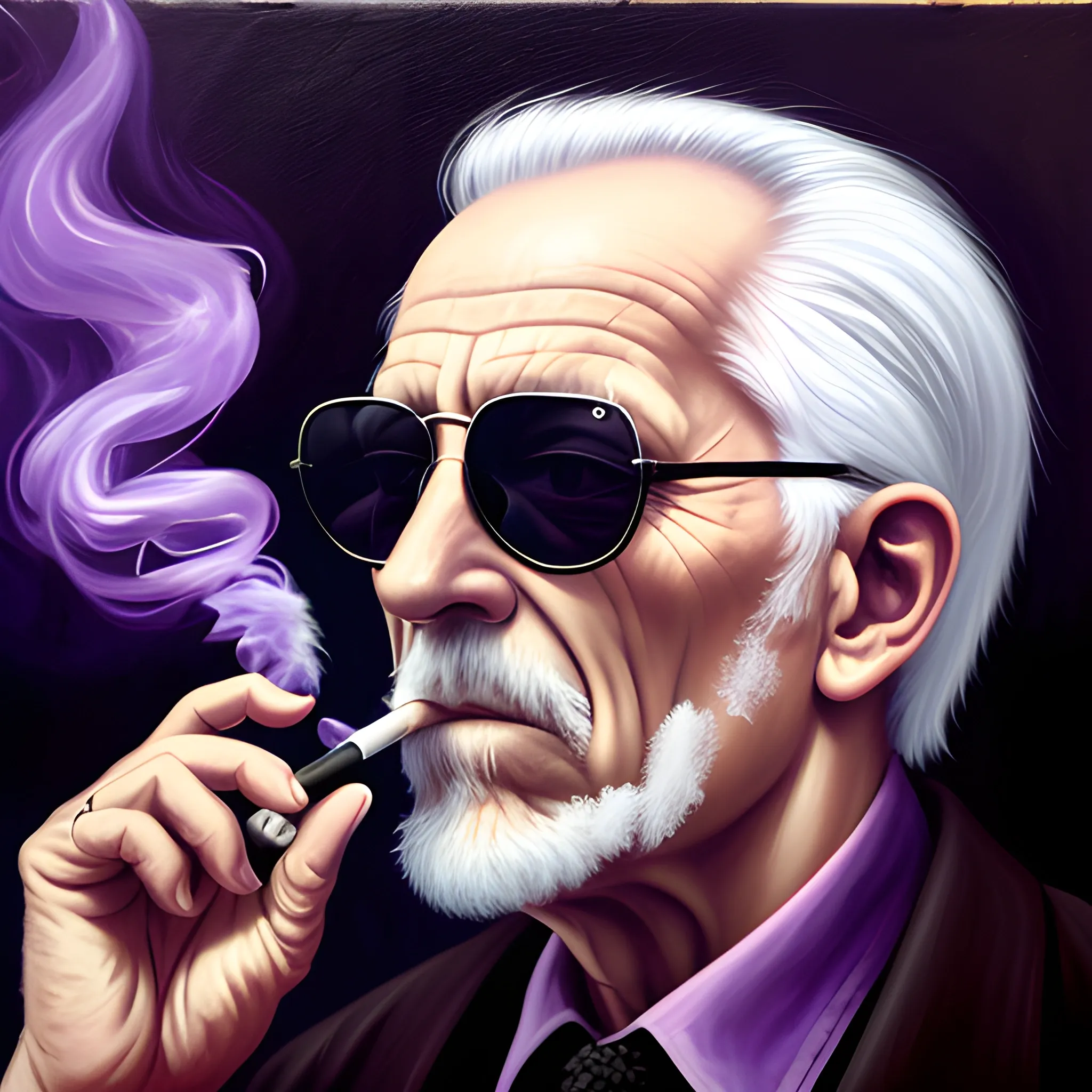 old man smoking a cigarette, Dark Sunglasses, mystical, portrait, supernatural, Neo, purple, Oil Painting