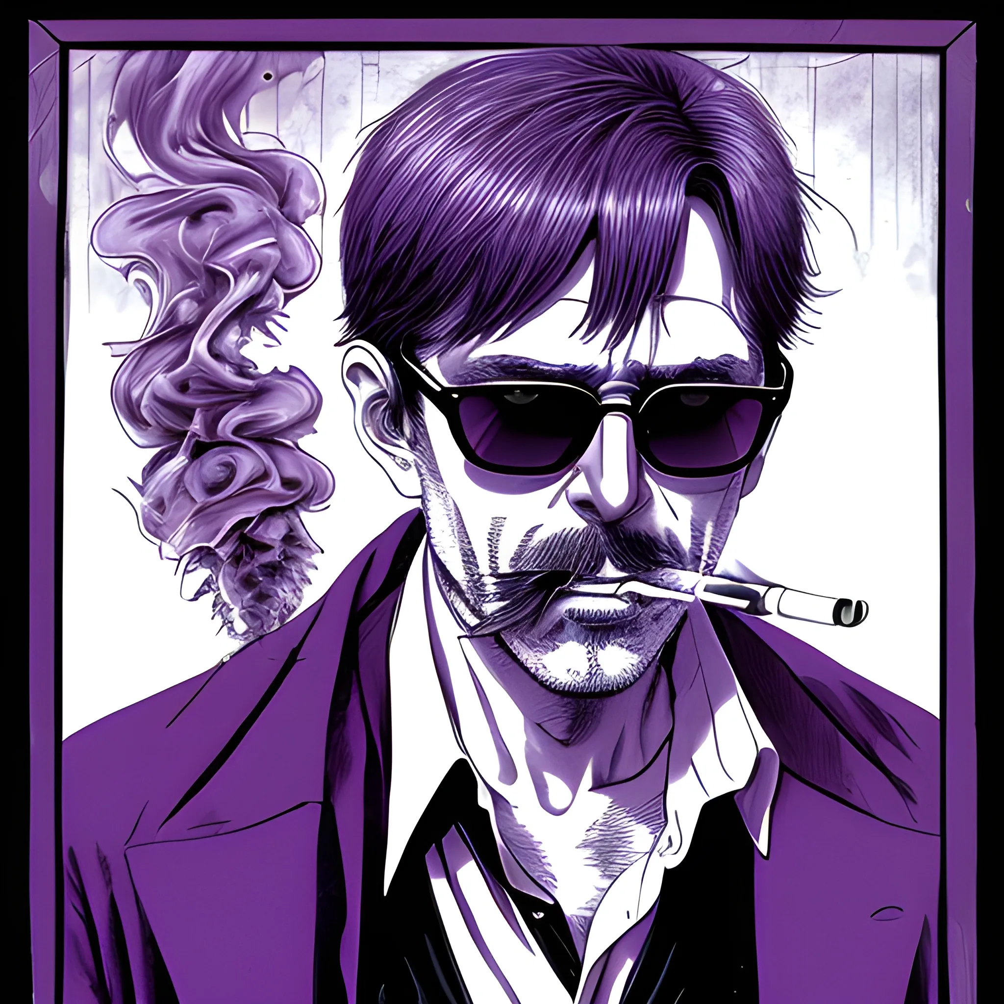 middle aged man smoking a cigarette, Dark Sunglasses, mystical, portrait, supernatural,  purple, manga
