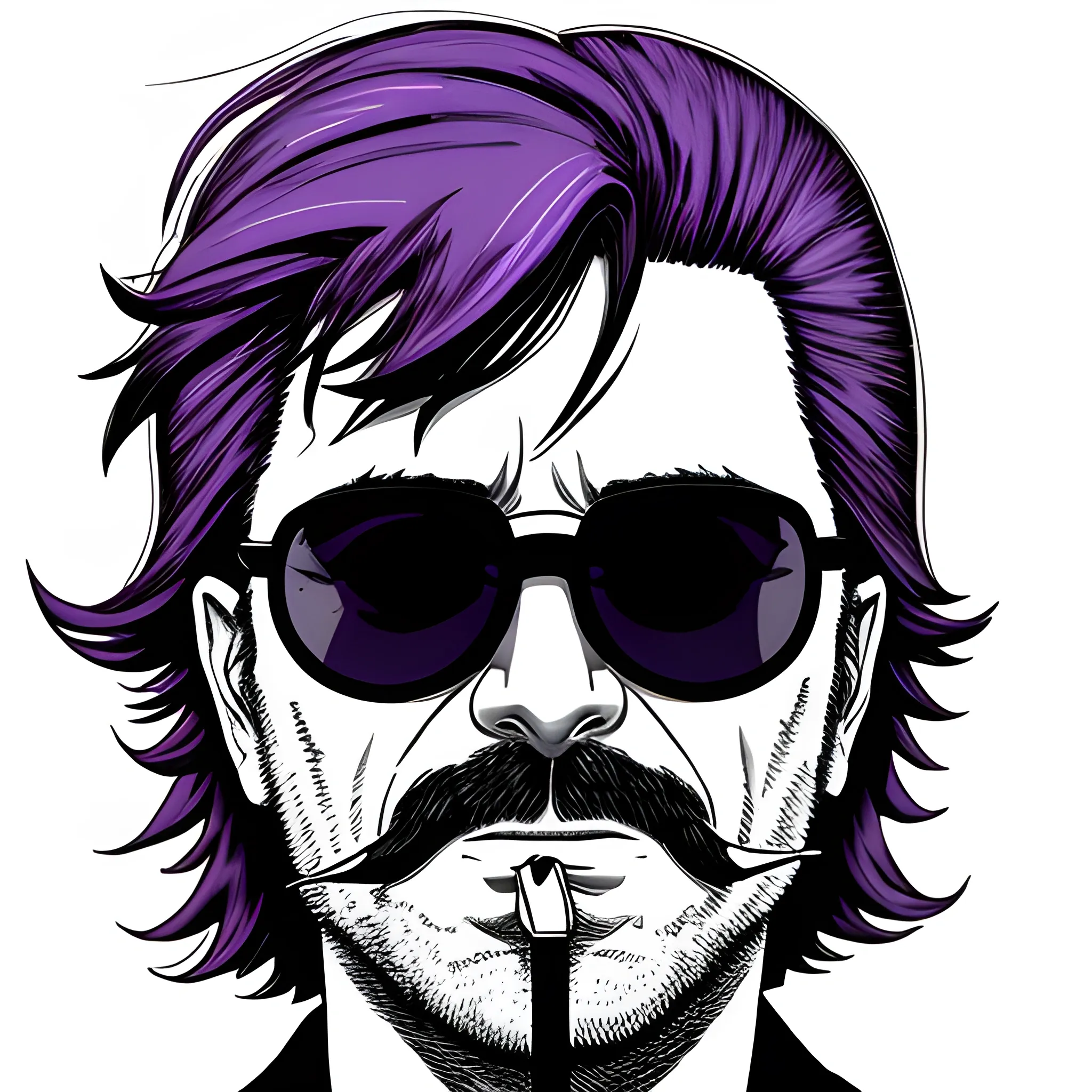 middle aged man smoking a cigarette, Dark Sunglasses, mystical, portrait, supernatural,  purple, manga
