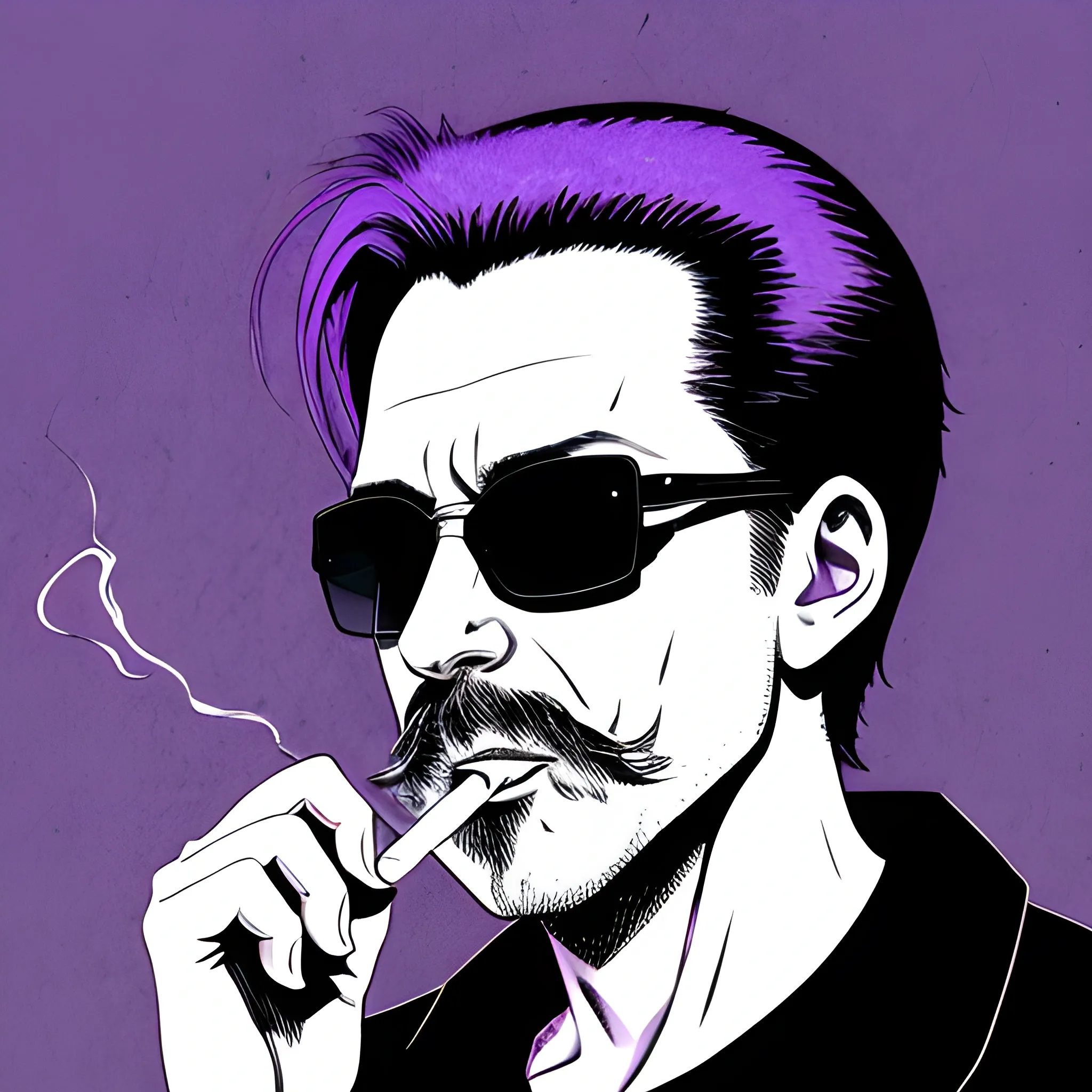 middle aged man smoking a cigarette, Dark Sunglasses, mystical, portrait, supernatural,  purple, manga
