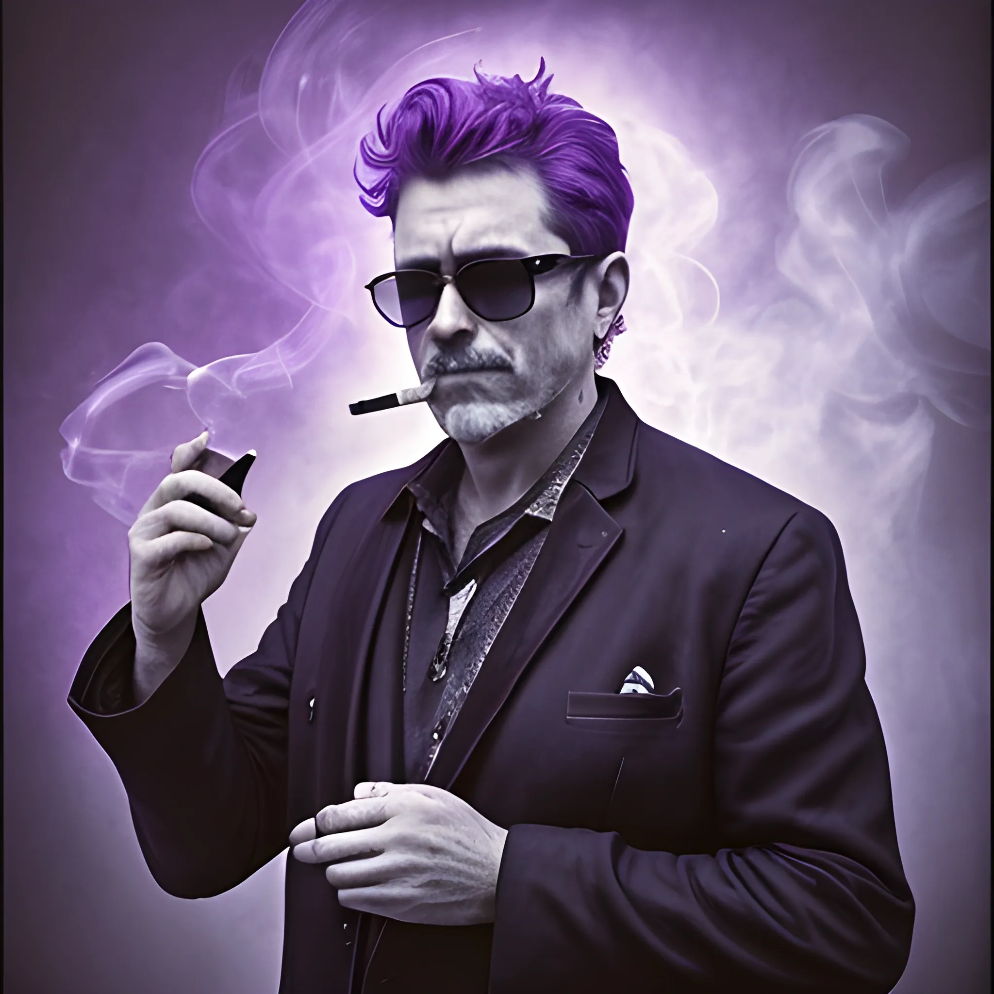 middle aged man smoking a cigarette, Dark Sunglasses, mystical, portrait, supernatural,  purple, marvel
