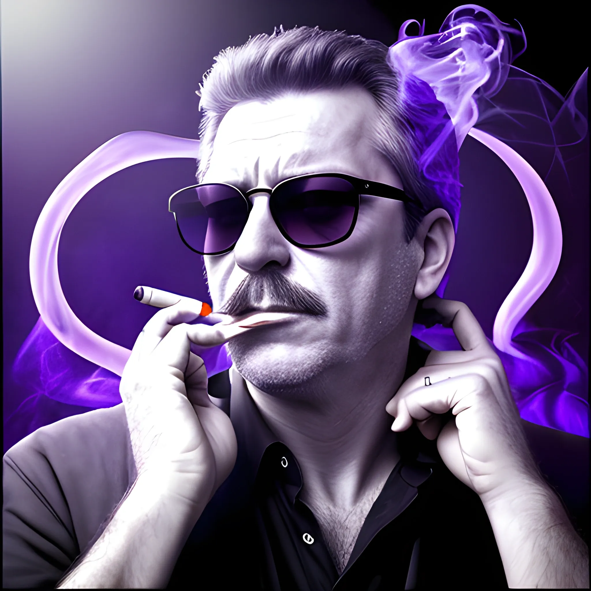 middle aged man smoking a cigarette, Dark Sunglasses, mystical, portrait, supernatural,  purple, marvel
