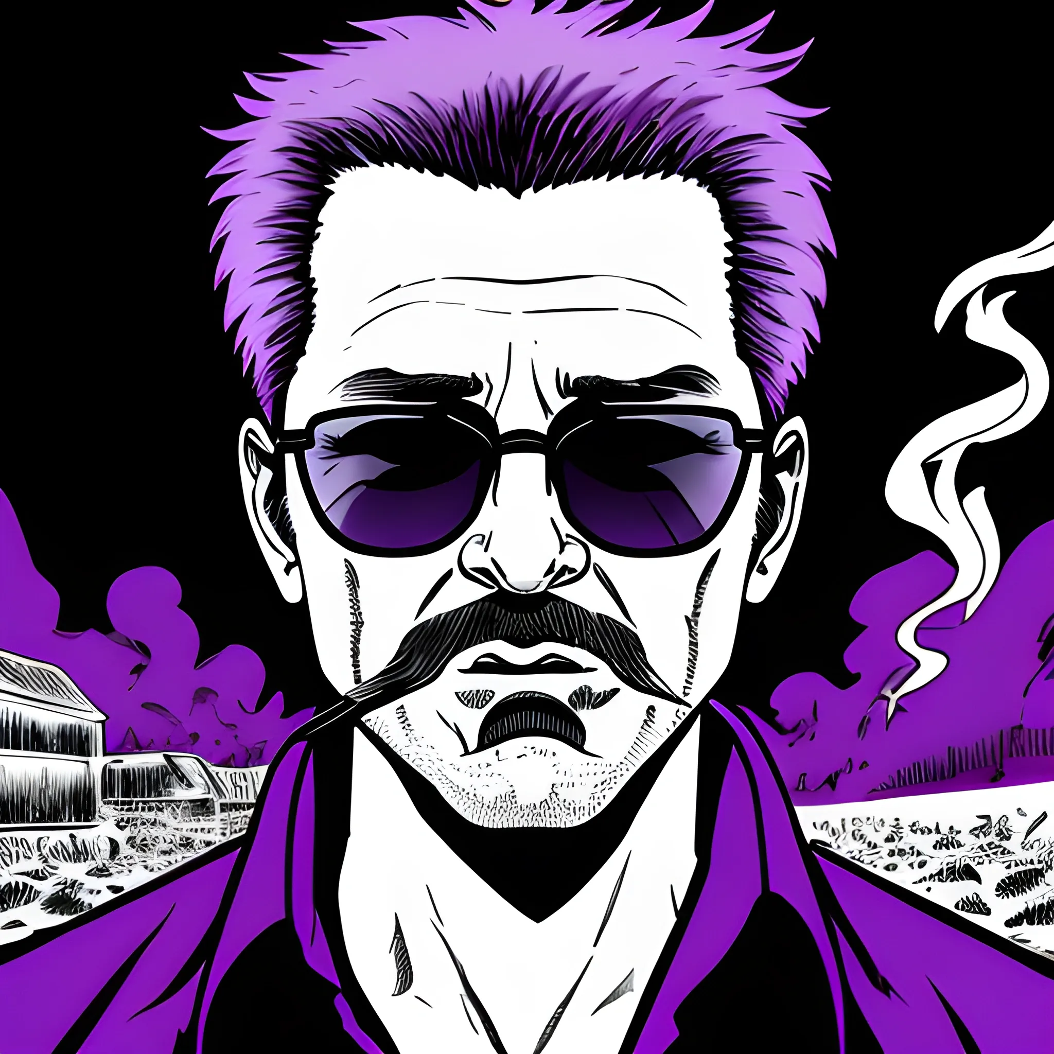 middle aged man smoking a cigarette, Dark Sunglasses, mystical, portrait, supernatural,  purple, comic book
