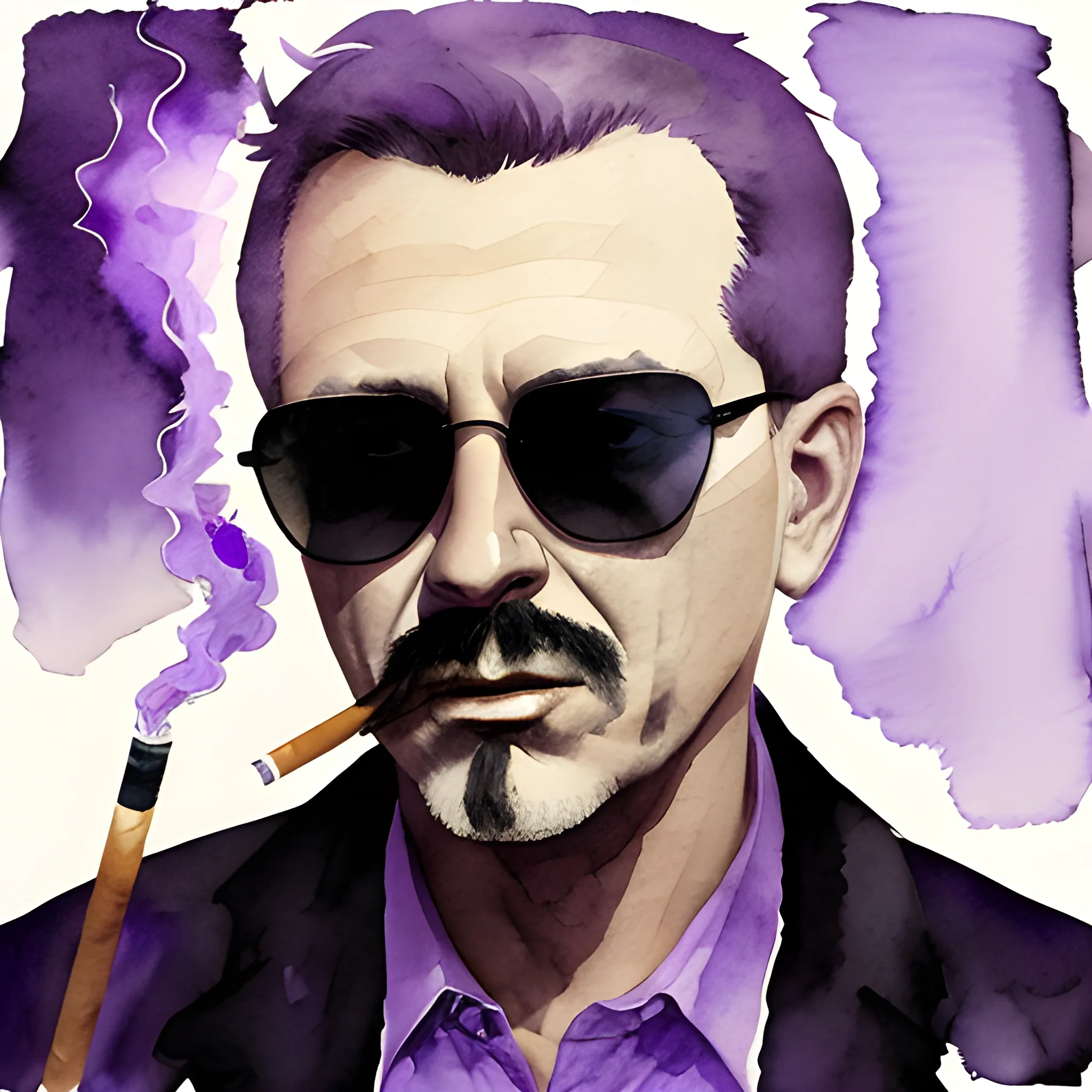 middle aged man smoking a cigarette, Dark Sunglasses, mystical, portrait, supernatural,  purple,
, Water Color