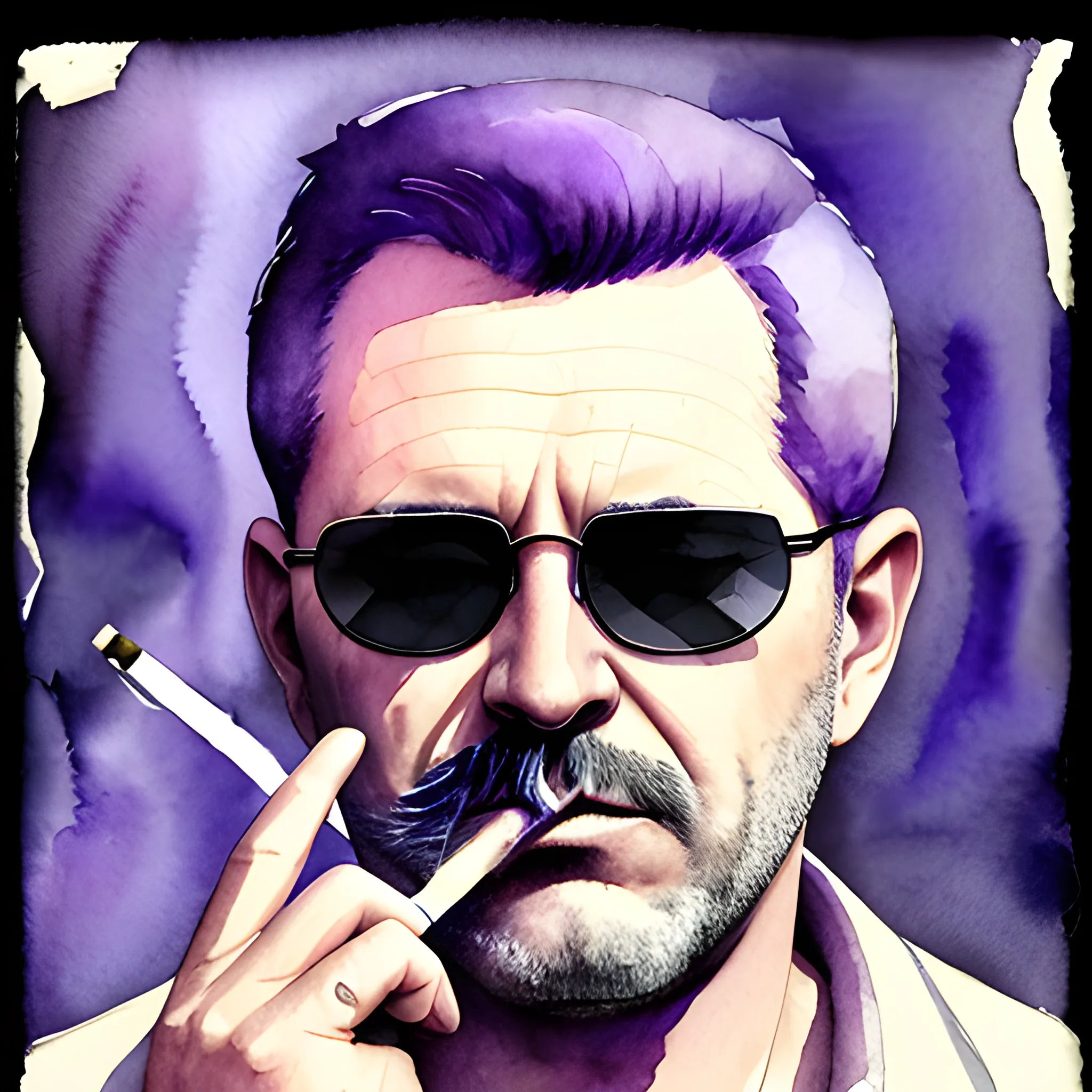 middle aged man smoking a cigarette, Dark Sunglasses, mystical, portrait, supernatural,  purple,
, Water Color