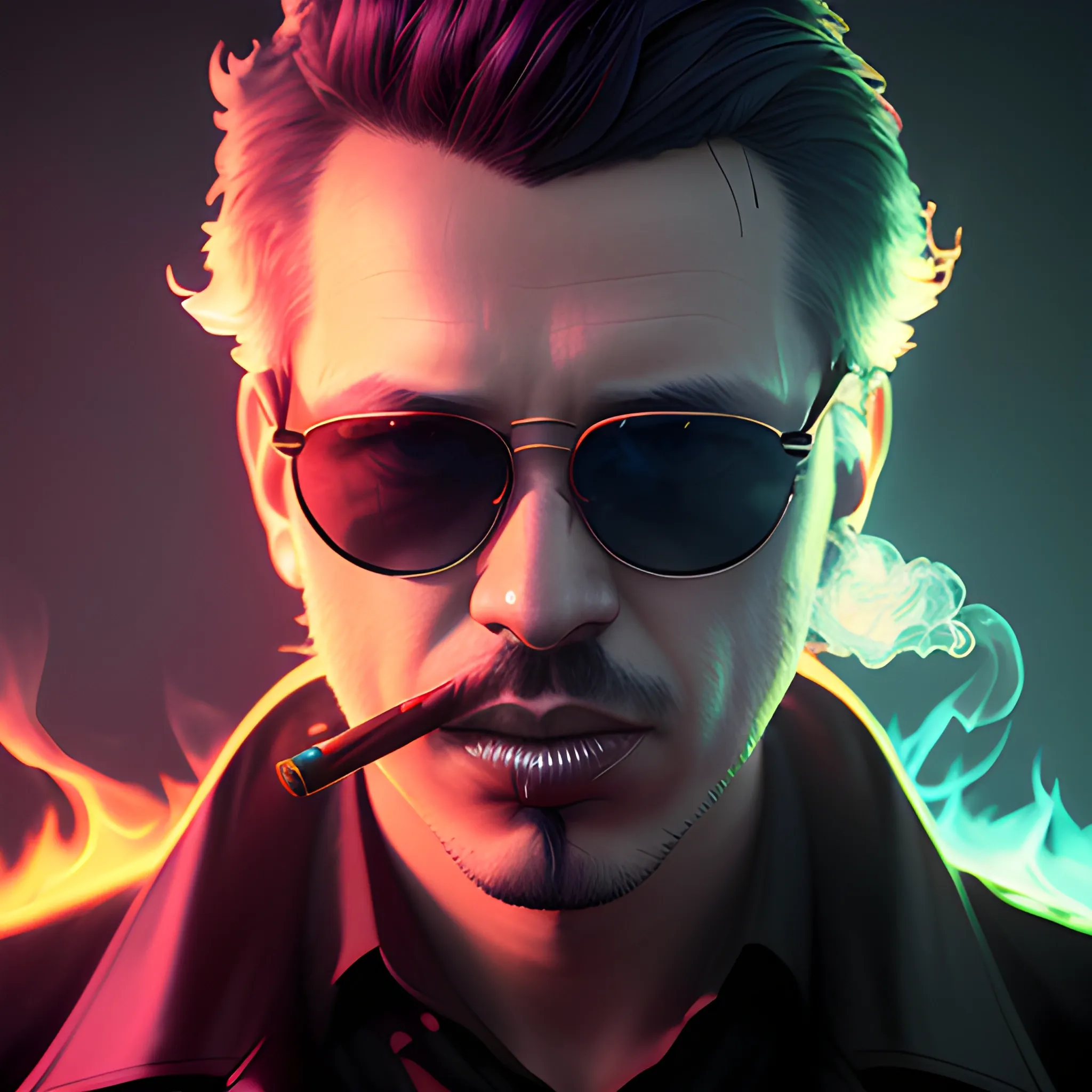 a fancy portrait of a man smoking a cigarette with dark sunglasses covered in colourfull flames by Greg Rutkowski, Sung Choi, Mitchell Mohrhauser, Maciej Kuciara, Johnson Ting, Maxim Verehin, Peter Konig, final fantasy , mythical, 8k photorealistic, cinematic lighting, HD, high details, atmospheric,