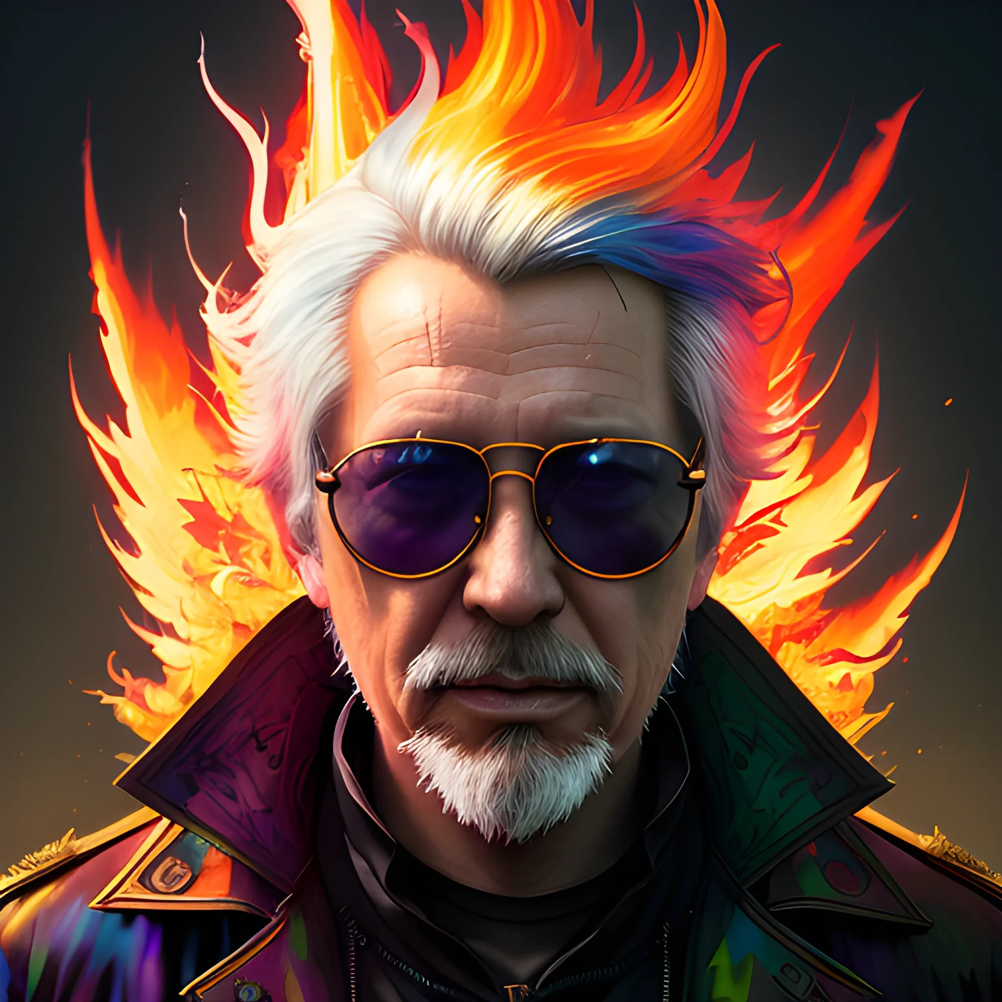 a fancy portrait of an older man with dark sunglasses covered in colourfull flames by Greg Rutkowski, Sung Choi, Mitchell Mohrhauser, Maciej Kuciara, Johnson Ting, Maxim Verehin, Peter Konig, final fantasy , mythical, 8k photorealistic, cinematic lighting, HD, high details, atmospheric,