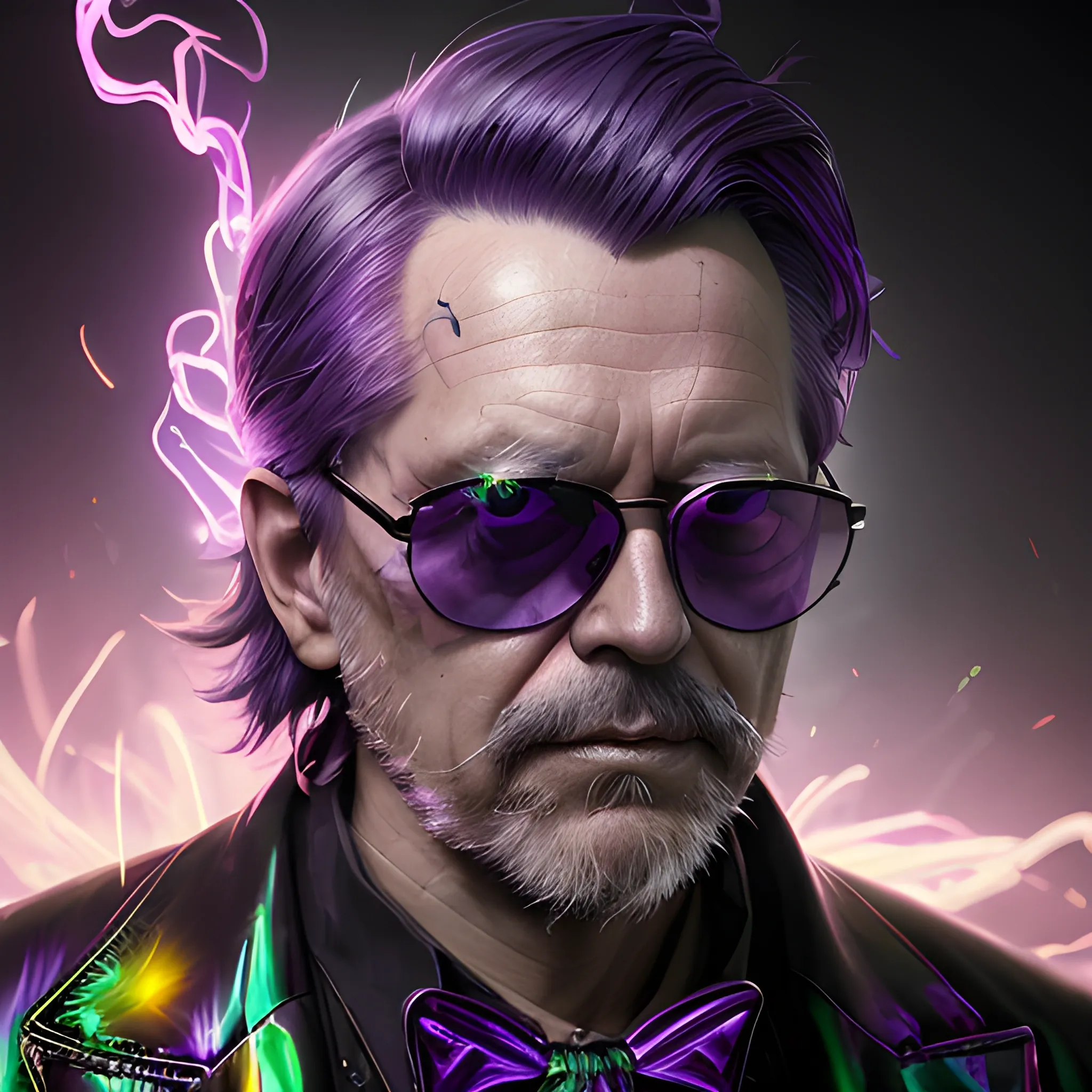 a fancy portrait of an older man with dark sunglasses covered in purple and green flames by Greg Rutkowski, Sung Choi, Mitchell Mohrhauser, Maciej Kuciara, Johnson Ting, Maxim Verehin, Peter Konig, final fantasy , mythical, 8k photorealistic, cinematic lighting, HD, high details, atmospheric,