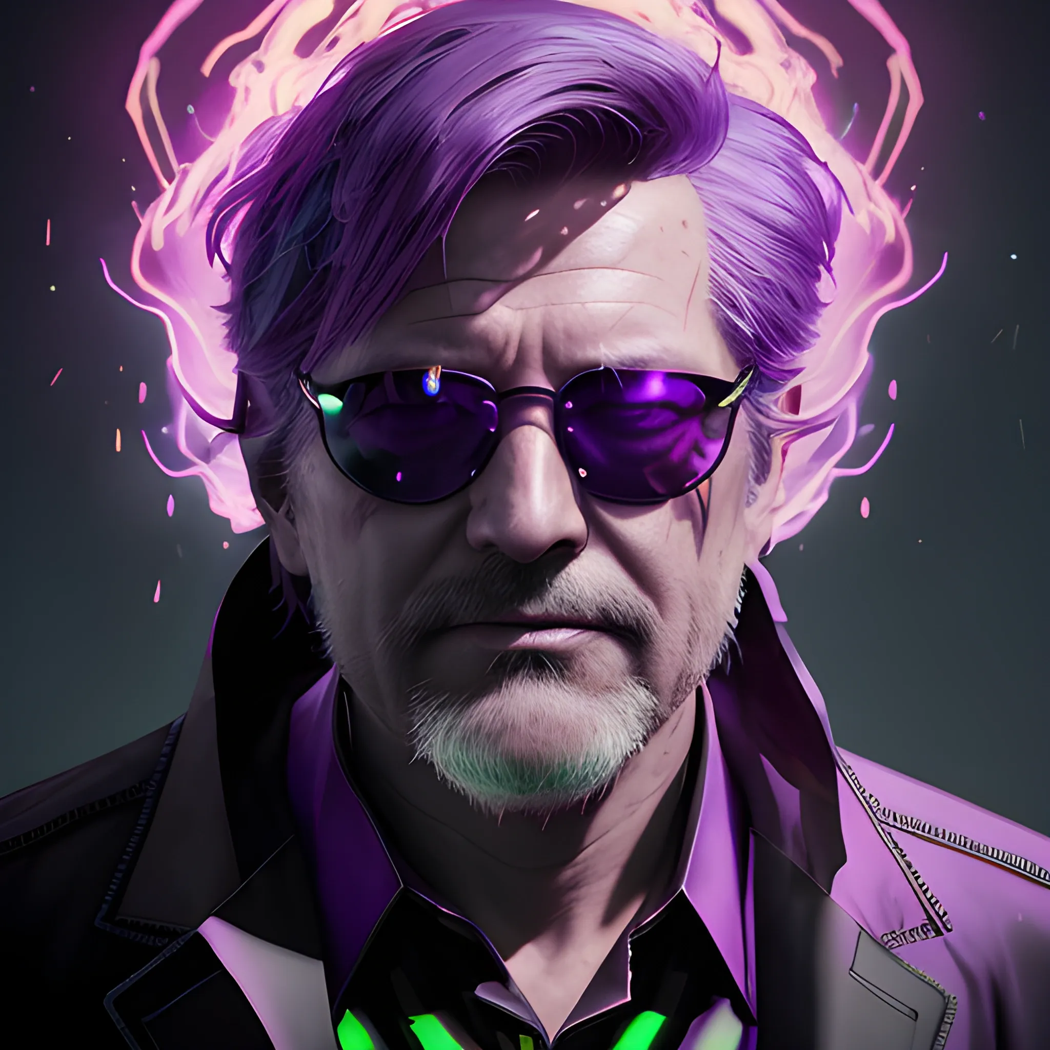 a fancy portrait of an older man with dark sunglasses covered in purple and green flames by Greg Rutkowski, Sung Choi, Mitchell Mohrhauser, Maciej Kuciara, Johnson Ting, Maxim Verehin, Peter Konig, final fantasy , mythical, 8k photorealistic, cinematic lighting, HD, high details, atmospheric,