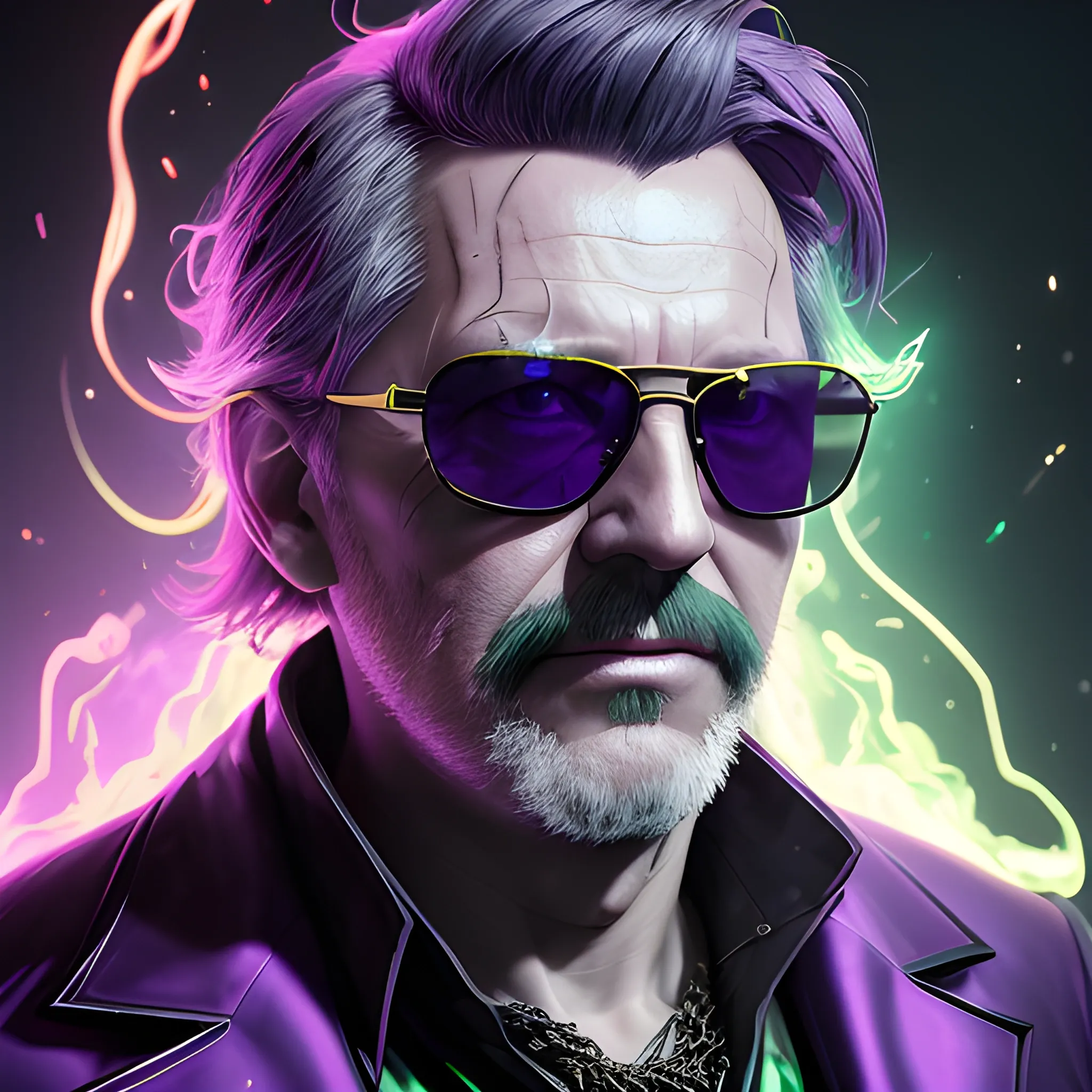 a fancy portrait of an older man with dark sunglasses covered in purple and green flames by Greg Rutkowski, Sung Choi, Mitchell Mohrhauser, Maciej Kuciara, Johnson Ting, Maxim Verehin, Peter Konig, final fantasy , mythical, 8k photorealistic, cinematic lighting, HD, high details, atmospheric,