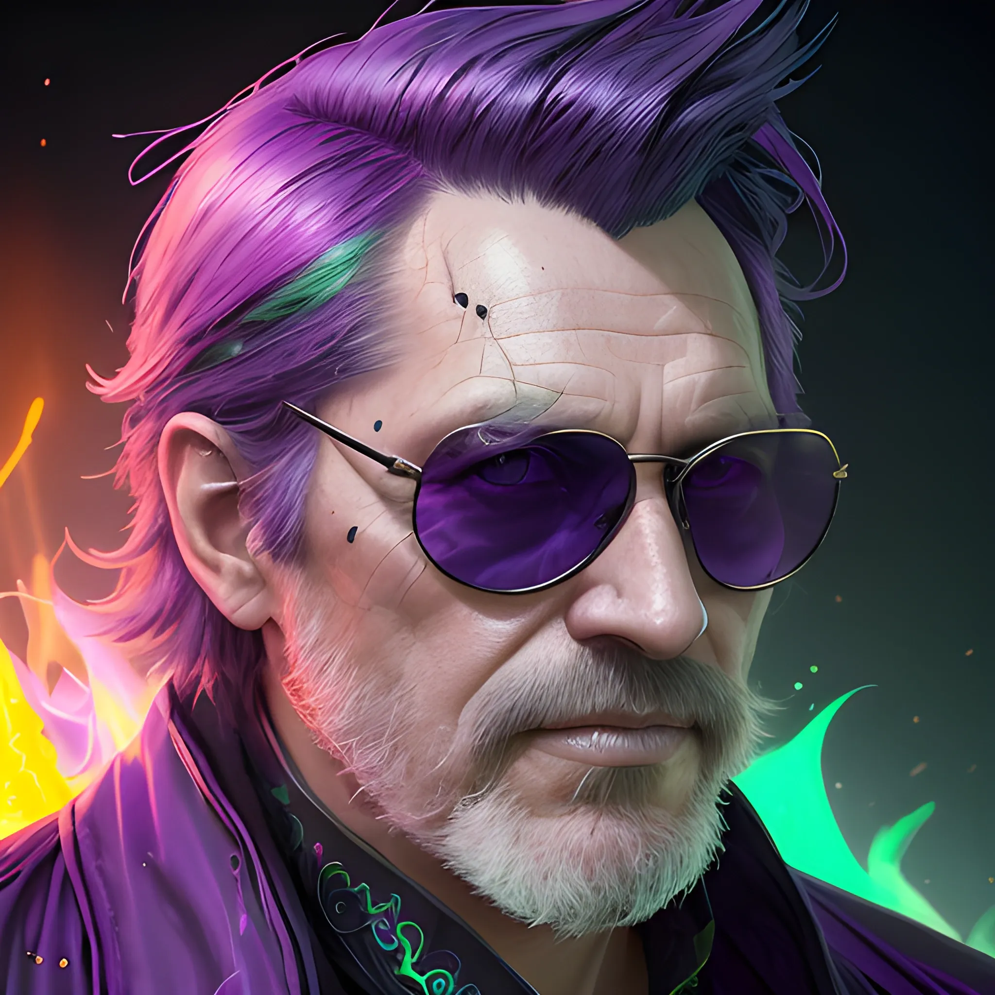 a fancy portrait of an older man with dark sunglasses covered in purple and green flames by Greg Rutkowski, Sung Choi, Mitchell Mohrhauser, Maciej Kuciara, Johnson Ting, Maxim Verehin, Peter Konig, final fantasy , mythical, 8k photorealistic, cinematic lighting, HD, high details, atmospheric,