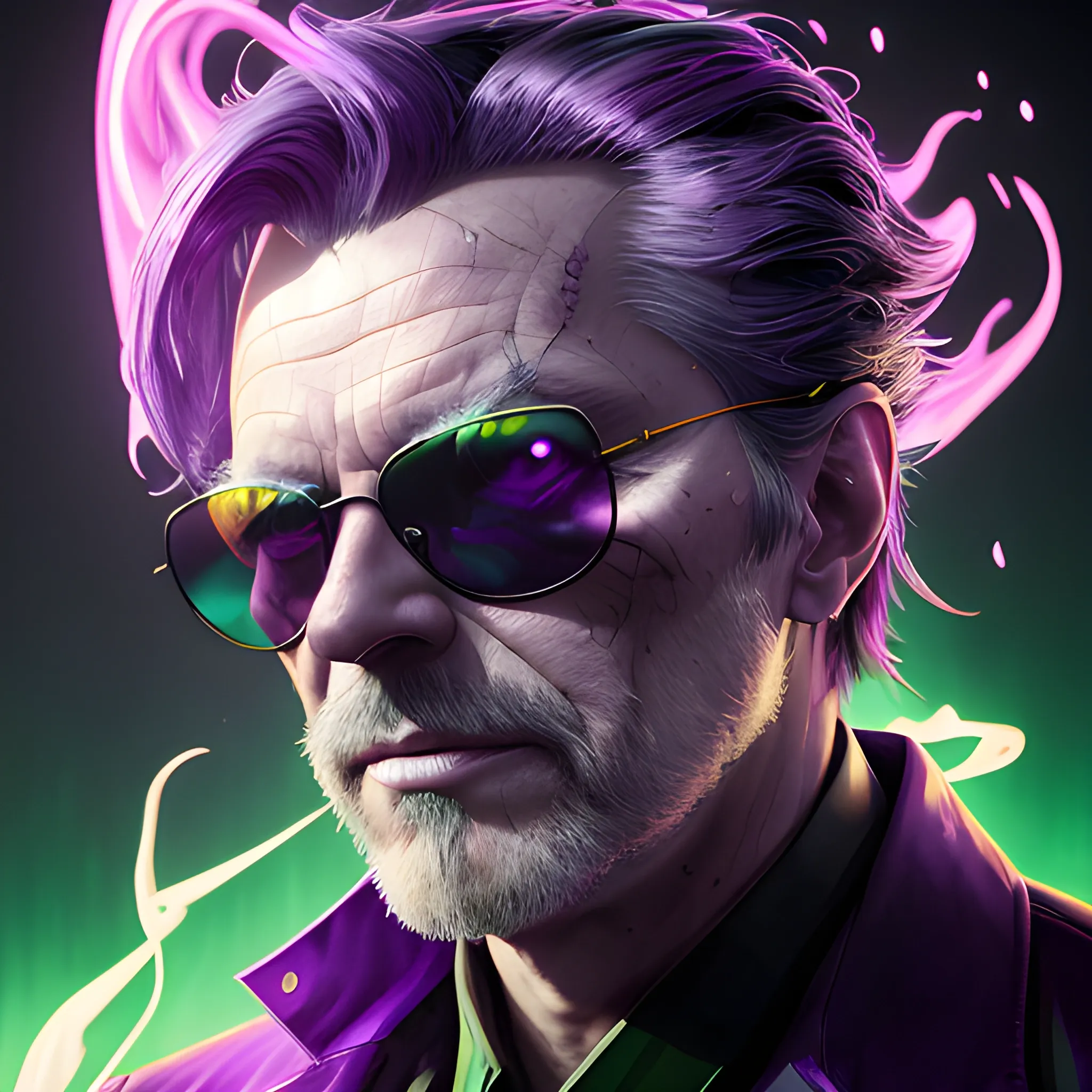 a fancy portrait of an older man with dark sunglasses covered in purple and green flames by Greg Rutkowski, Sung Choi, Mitchell Mohrhauser, Maciej Kuciara, Johnson Ting, Maxim Verehin, Peter Konig, final fantasy , mythical, 8k photorealistic, cinematic lighting, HD, high details, atmospheric,