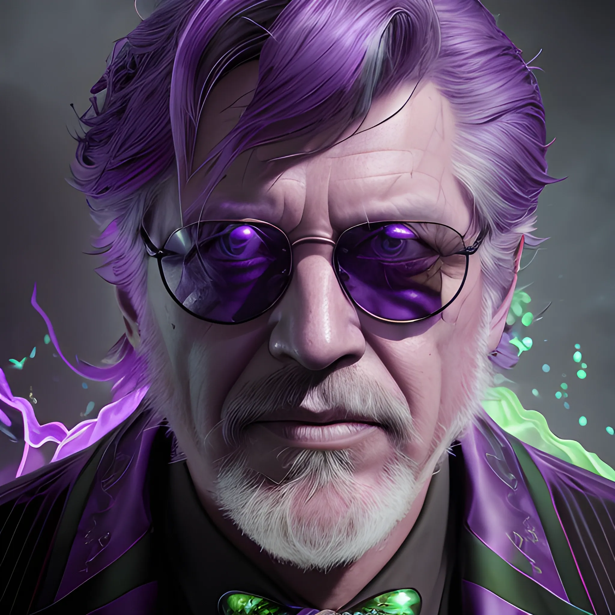 a fancy portrait of an older man with dark sunglasses covered in purple and green flames by Greg Rutkowski, Sung Choi, Mitchell Mohrhauser, Maciej Kuciara, Johnson Ting, Maxim Verehin, Peter Konig, final fantasy , mythical, 8k photorealistic, cinematic lighting, HD, high details, atmospheric,