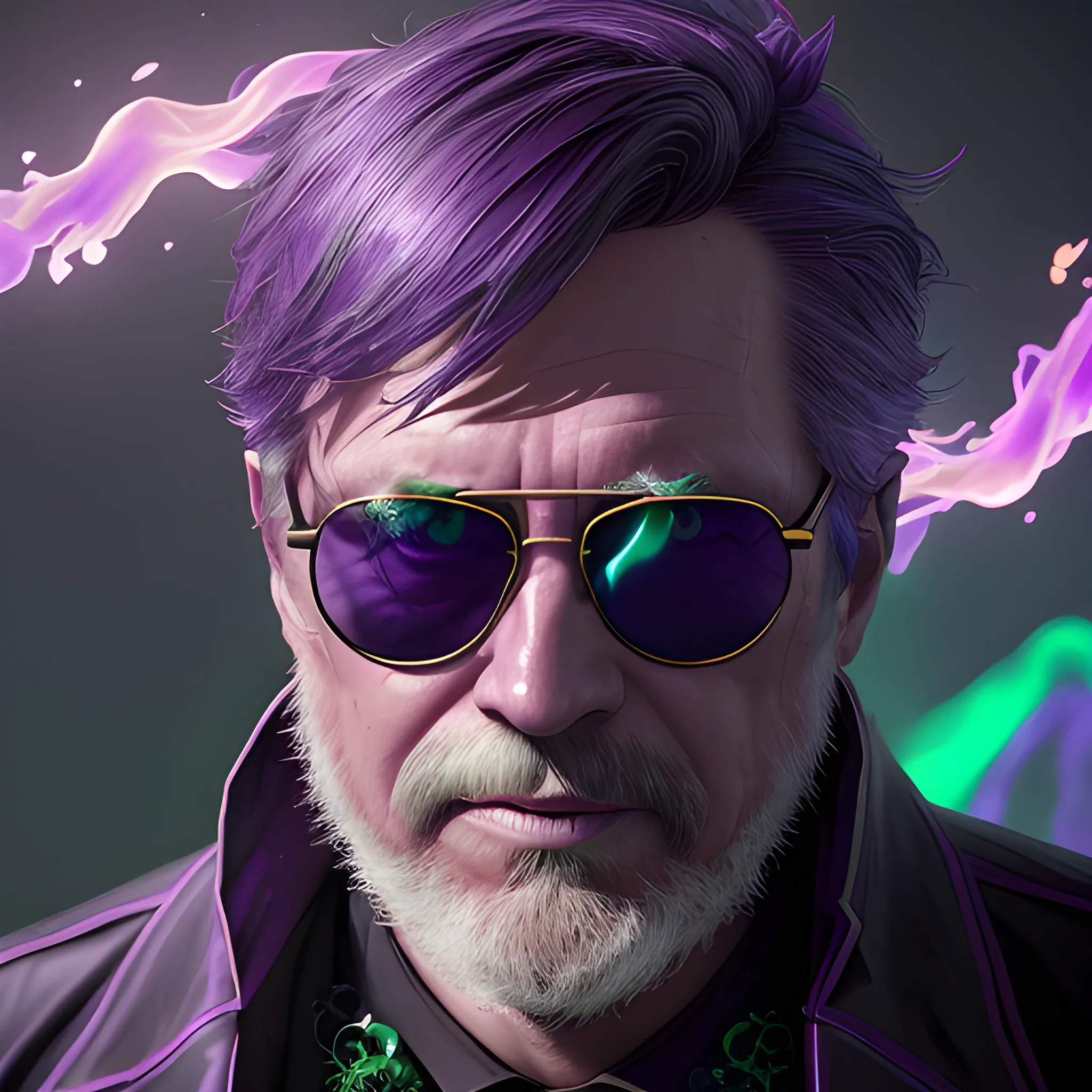 a fancy portrait of an older man with dark sunglasses covered in purple and green flames by Greg Rutkowski, Sung Choi, Mitchell Mohrhauser, Maciej Kuciara, Johnson Ting, Maxim Verehin, Peter Konig, final fantasy , mythical, 8k photorealistic, cinematic lighting, HD, high details, atmospheric,