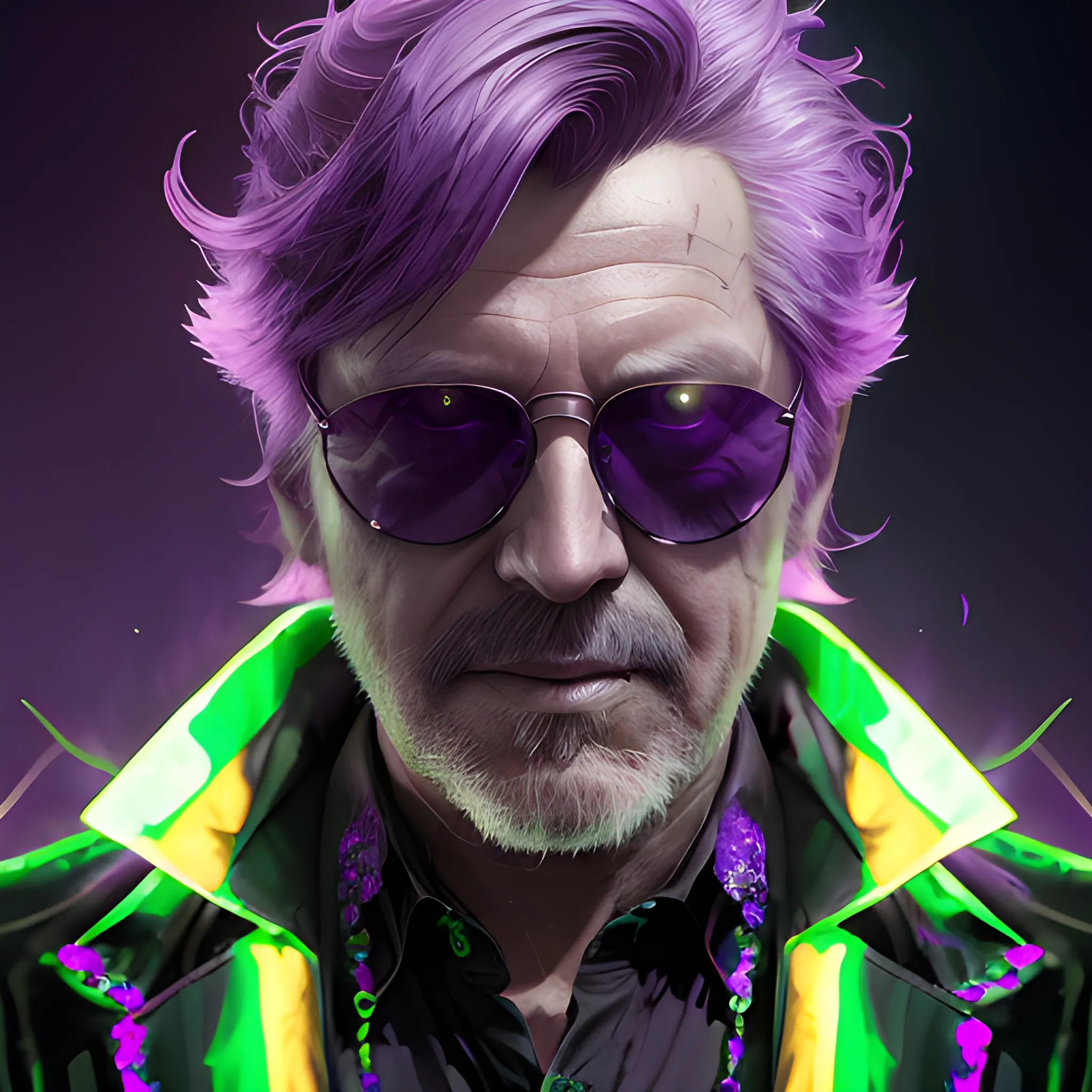 a fancy portrait of an older man with dark sunglasses covered in purple and green flames by Greg Rutkowski, Sung Choi, Mitchell Mohrhauser, Maciej Kuciara, Johnson Ting, Maxim Verehin, Peter Konig, final fantasy , mythical, 8k photorealistic, cinematic lighting, HD, high details, atmospheric,