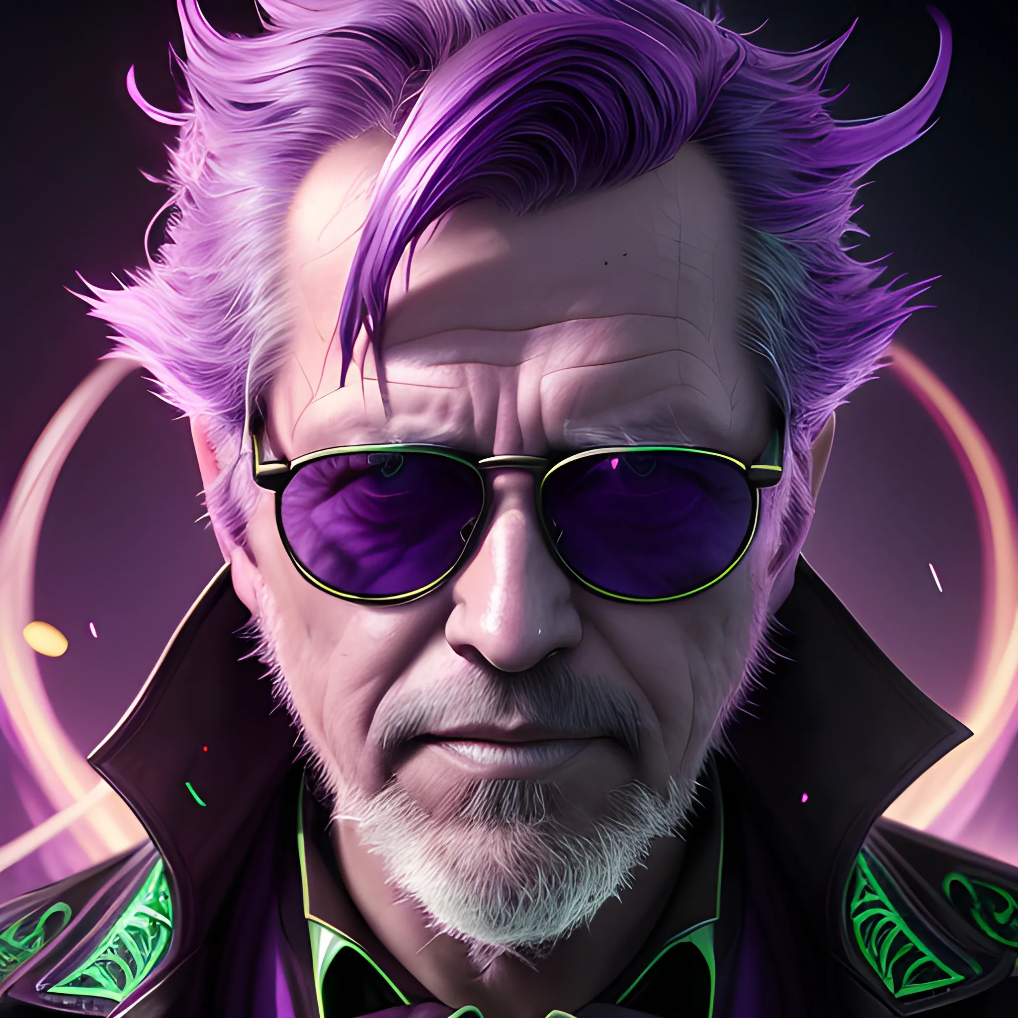 a fancy portrait of an older man with dark sunglasses covered in purple and green flames by Greg Rutkowski, Sung Choi, Mitchell Mohrhauser, Maciej Kuciara, Johnson Ting, Maxim Verehin, Peter Konig, final fantasy , mythical, 8k photorealistic, cinematic lighting, HD, high details, atmospheric,