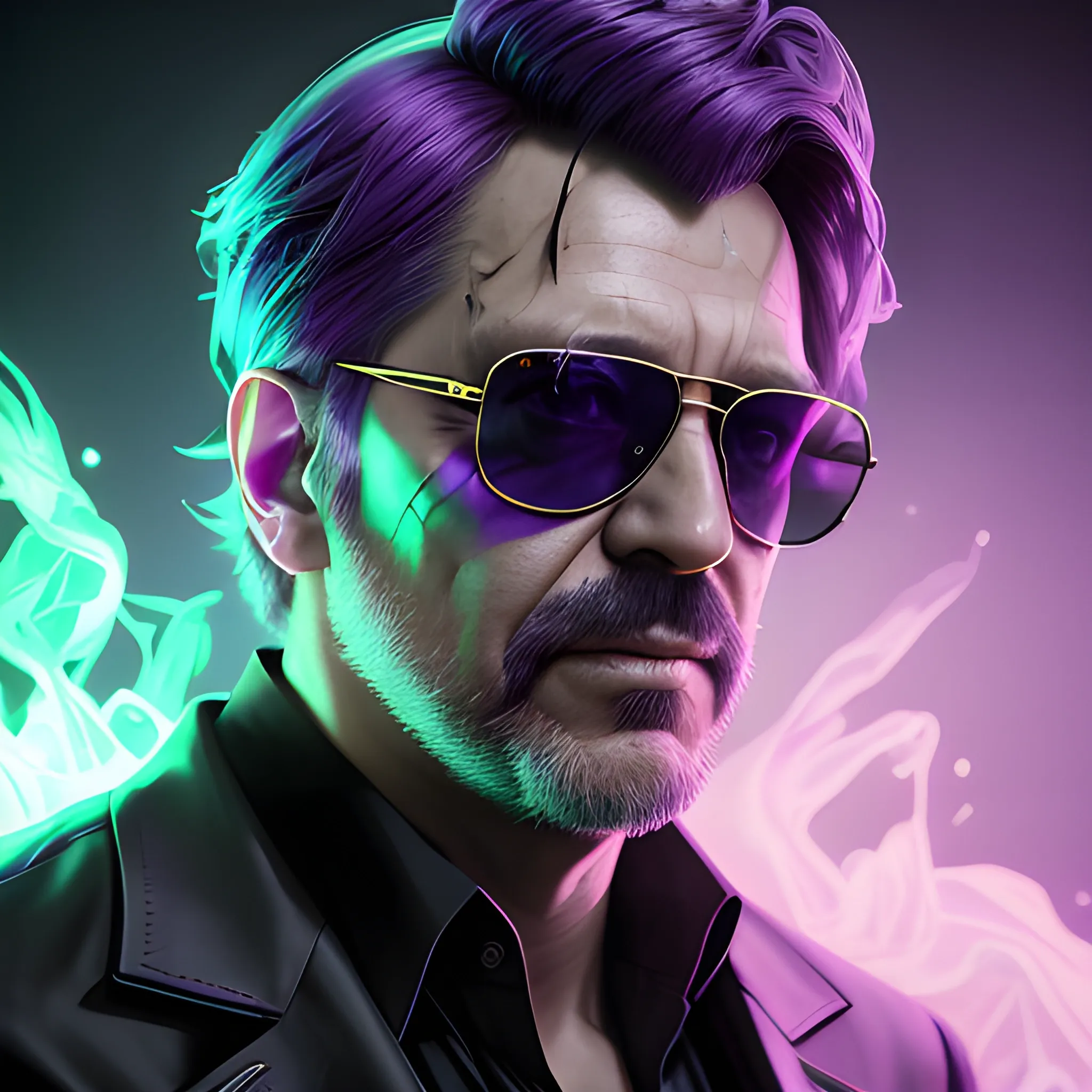 a fancy portrait of an older man with dark sunglasses covered in purple and green flames by Greg Rutkowski, Sung Choi, Mitchell Mohrhauser, Maciej Kuciara, Johnson Ting, Maxim Verehin, Peter Konig, final fantasy , mythical, 8k photorealistic, cinematic lighting, HD, high details, atmospheric,